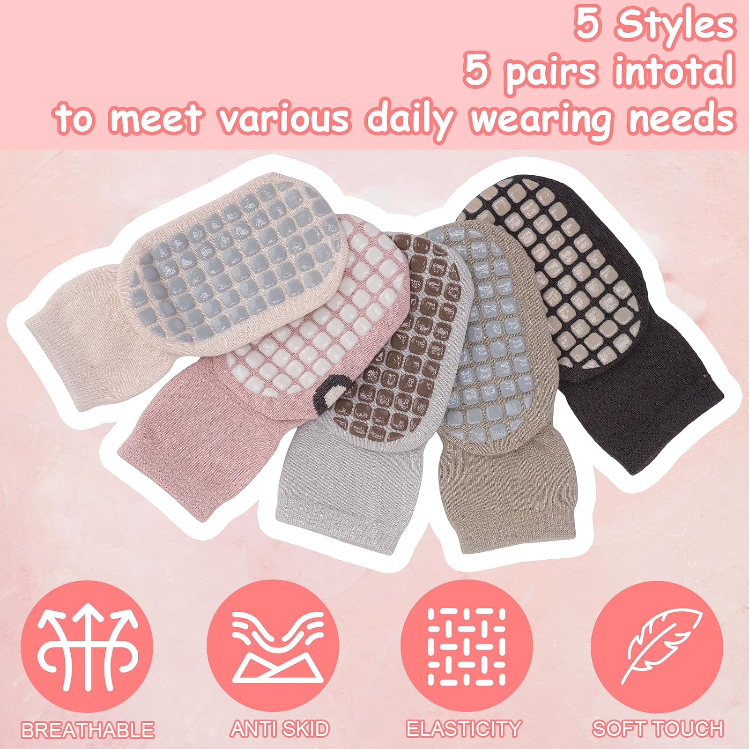5 Pairs Toddler Grip Socks Baby Socks with Grips Cotton Crew Toddler Socks Grippy Sock for Toddlers Kids Boys Girls 12-36 Months