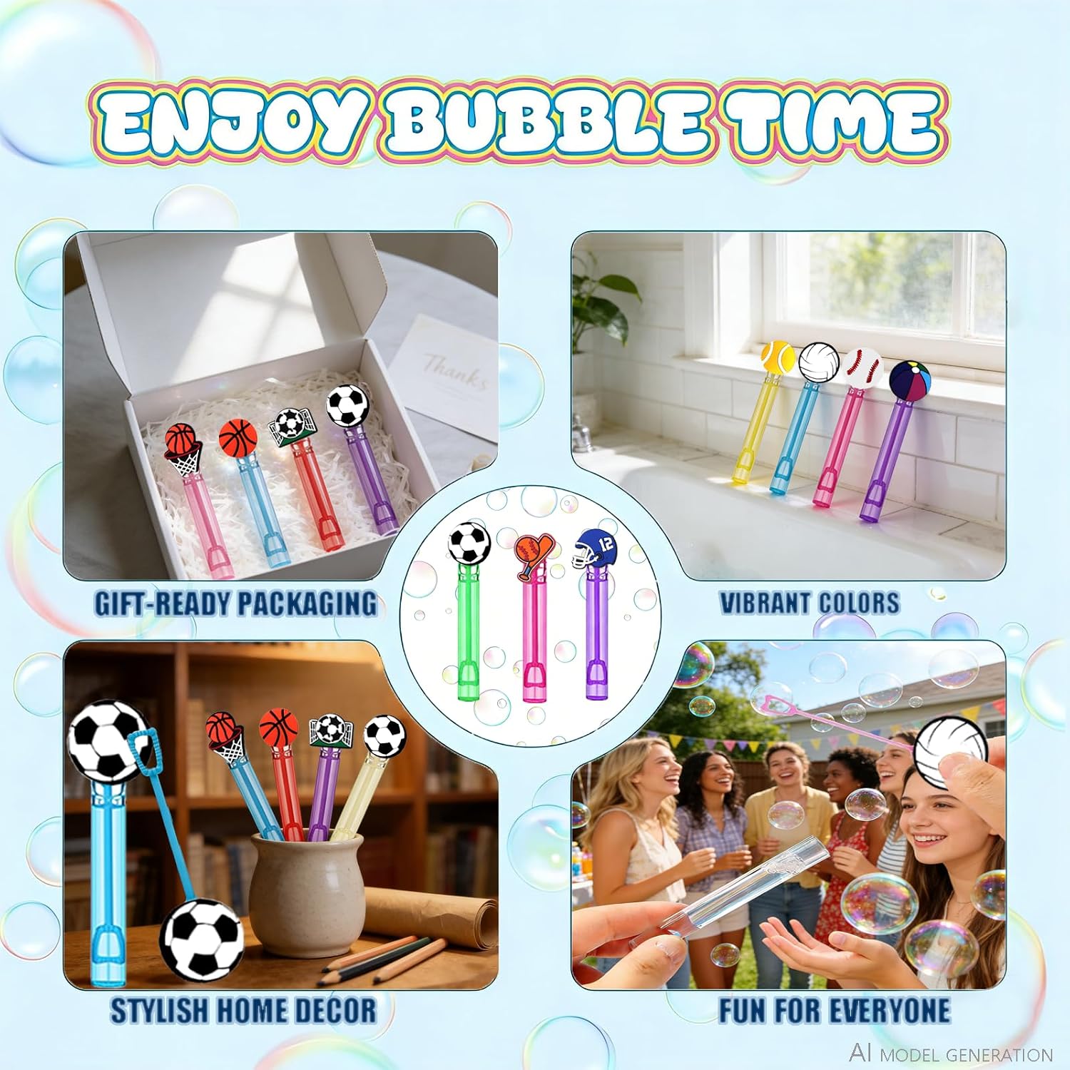 24 Pcs Sports Bubble Wands Party Favors Goodie Bag and Pinata Stuffers | 12 sports ball toppers and mixed-color tubes add sporty fun to favor bags, goodie bags, party tables, and game-day events.