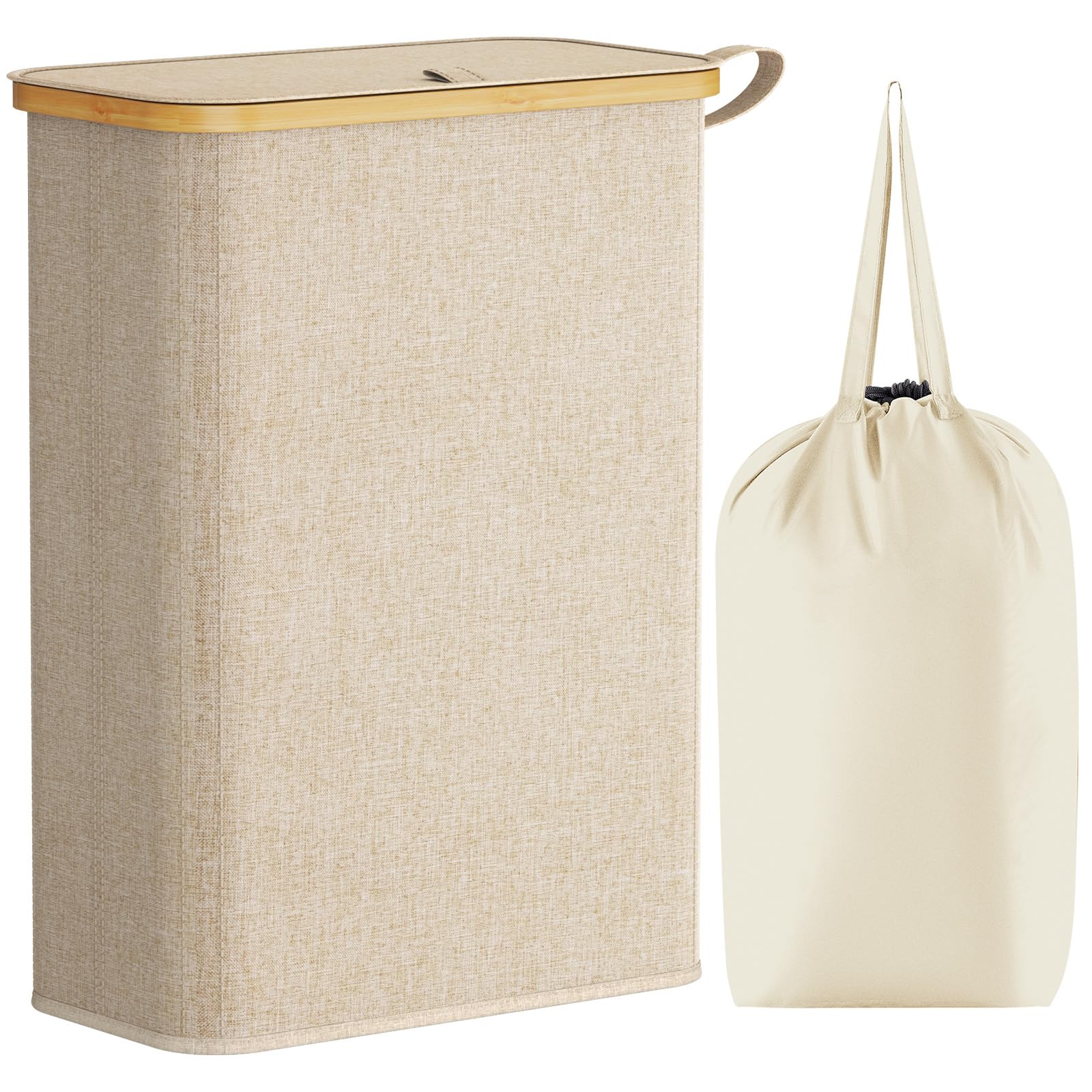 Lifewit 50L slanke wasmand met deksel, smalle wasmand met uitneembare zak en bamboe handgrepen, opvouwbare dunne vuile kledingmand voor wasgoed inklapbare bak voor badkamer slaapkamer studentenkamer