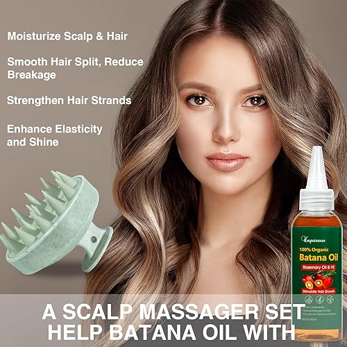 Miniatura 4 de Paquete de 2 aceites de batana orgánicos para el crecimiento del cabello, aceite de botana, aceite de romero, mezcla de vitamina E, masajeador que