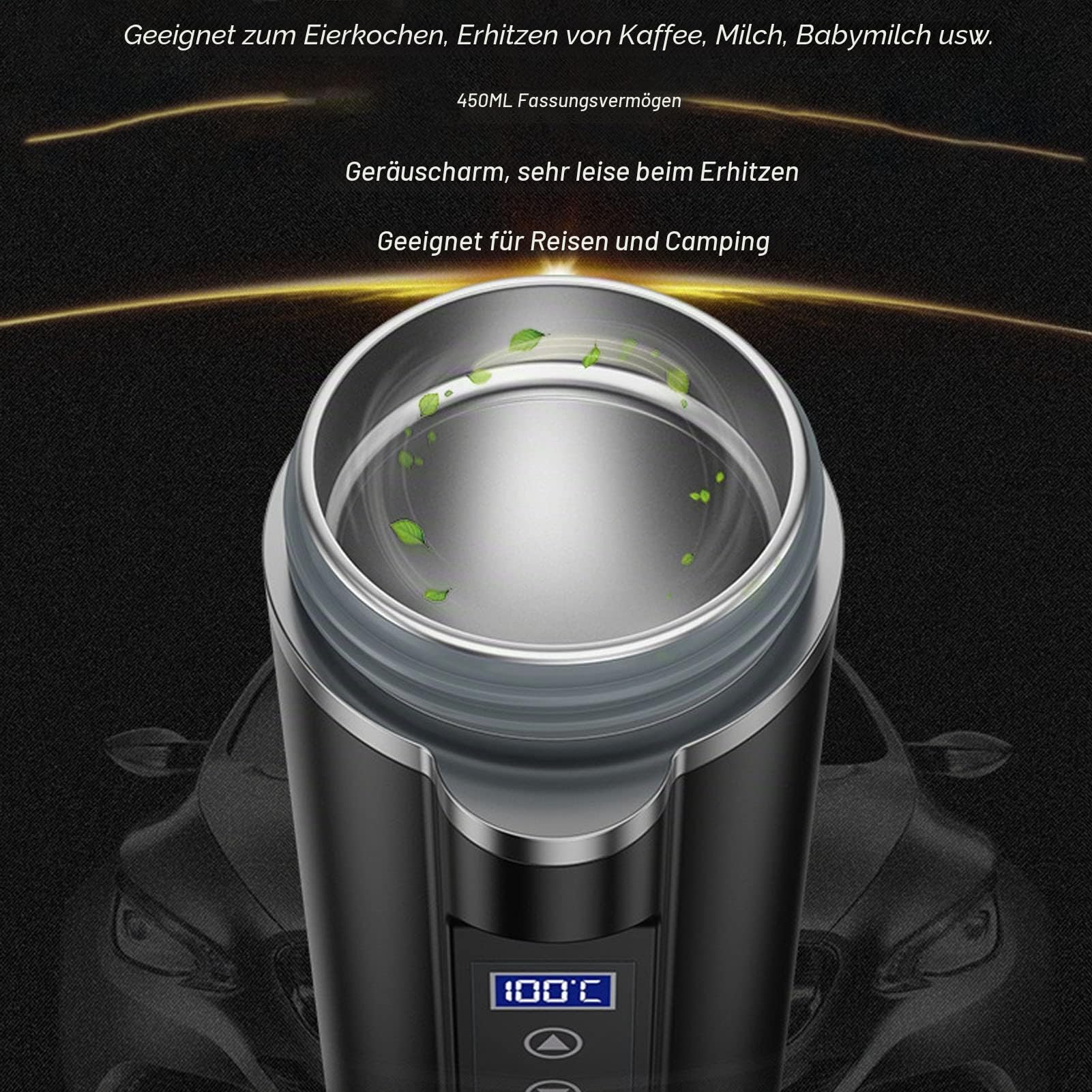 Smart Travel Kaffeebecher, Elektrisch Beheizter Reisebecher,450ml Intelligente Temperaturkontrolle Geräuscharm Auto beheizten Becher für Reisen Camping Kochen Heizung