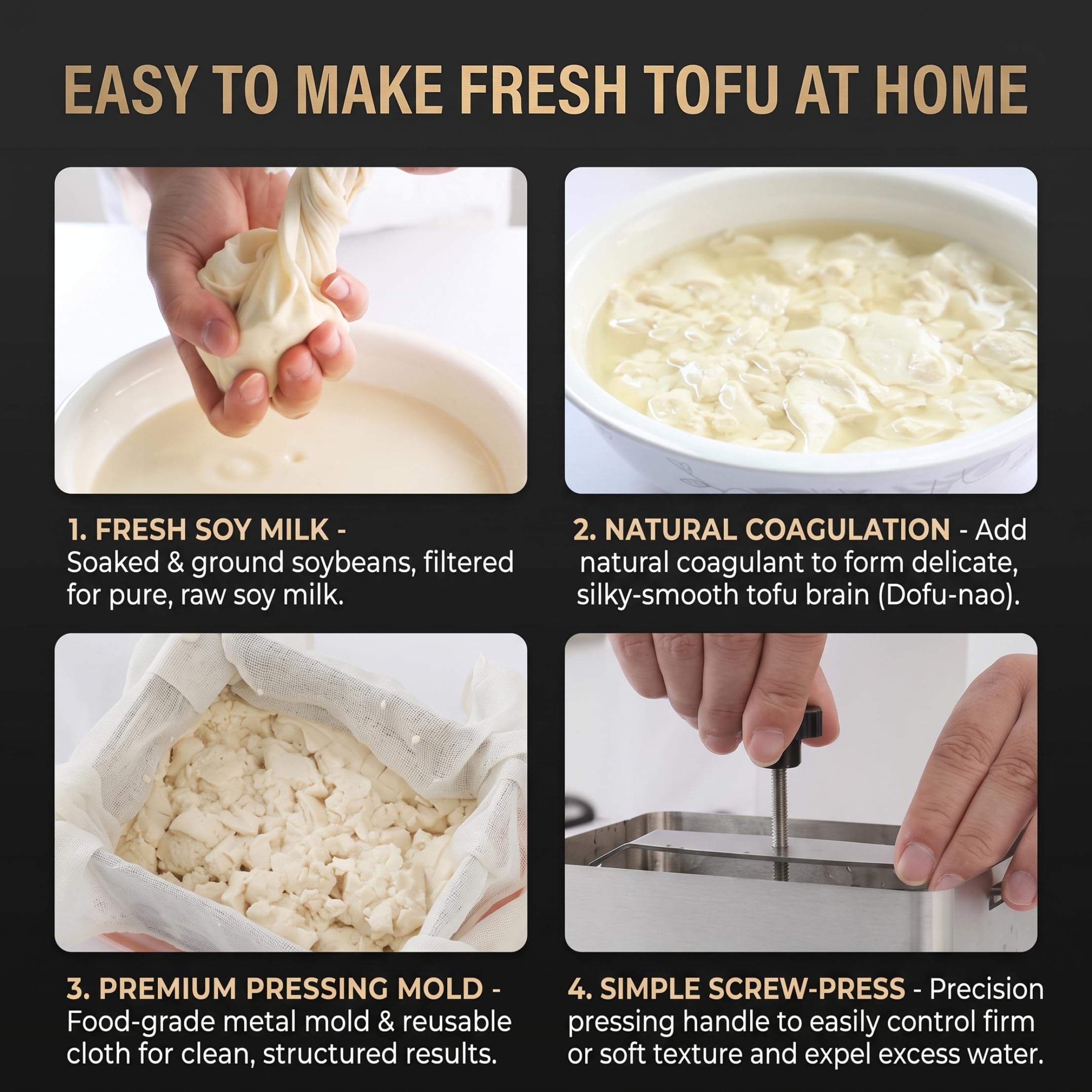 Tofu-Presse aus Edelstahl, Paneer- und Käsepresse – Schnellpress-Design mit Einstellbarer Dicke, inklusive Filterbeutel, Gaze und Abtropfschale, Tofu-Pressen