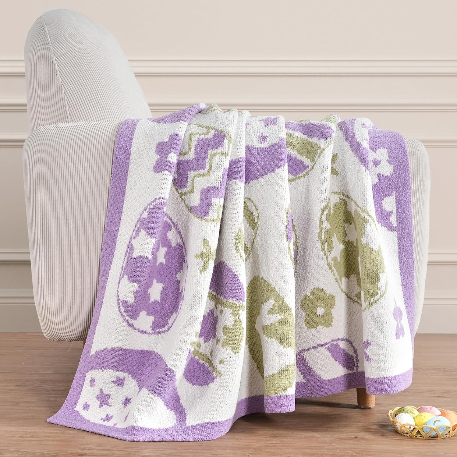 Amélie Home Easter Bunny and Eggs Chenille Knit Throw Blanket for Couch, Cozy Soft Spring Themed Blankets for Sofa, Bed, Gift, 50"x60", Purple/Green - Image 5
