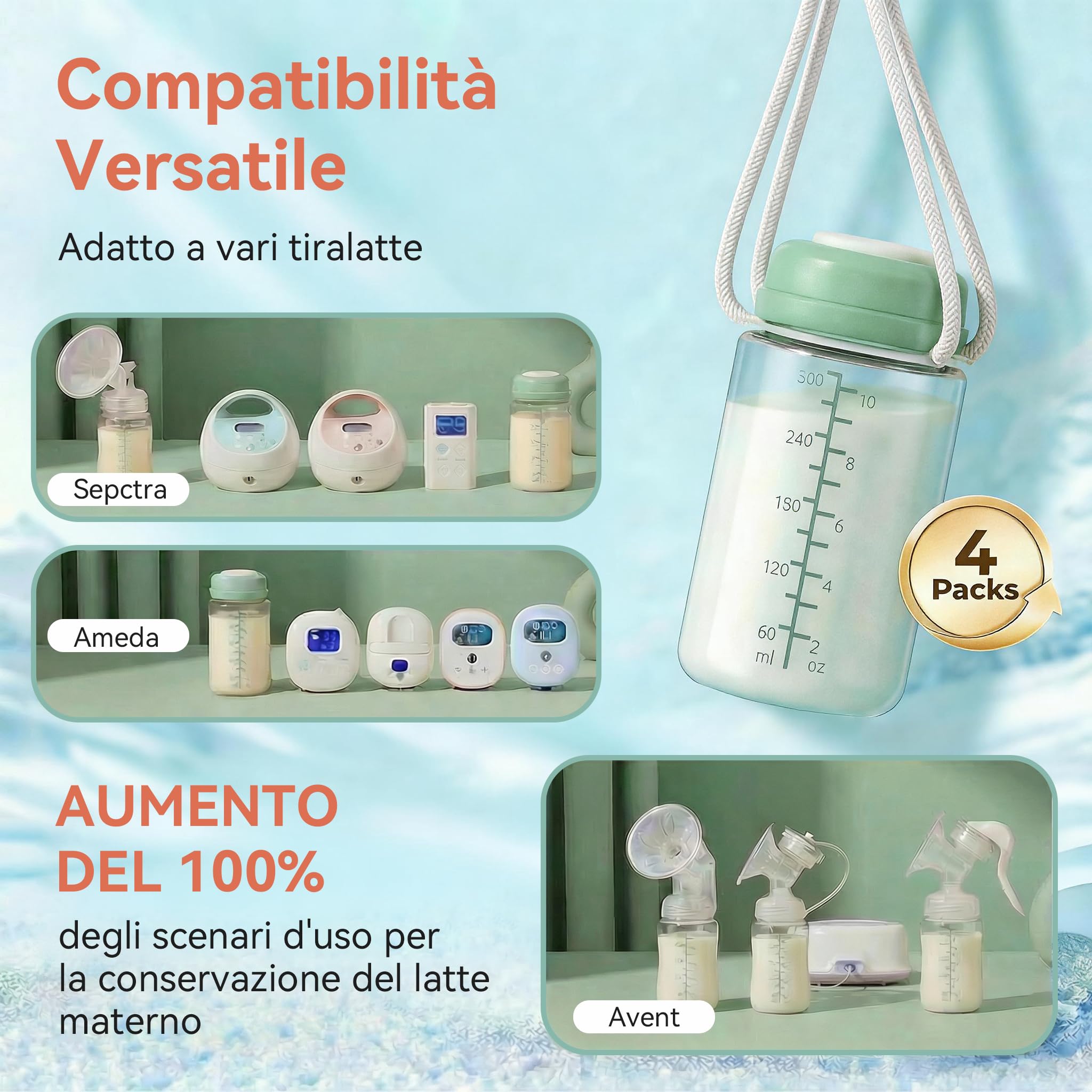4PCS Biberon per Conservazione Latte Materno 300ml Confezione da Raffreddatore Momcozy 650ml– Anti-Perdita Collo Largo Compatibili con Spectra S1 S2 9Plus SG Motif Luna (Verde)