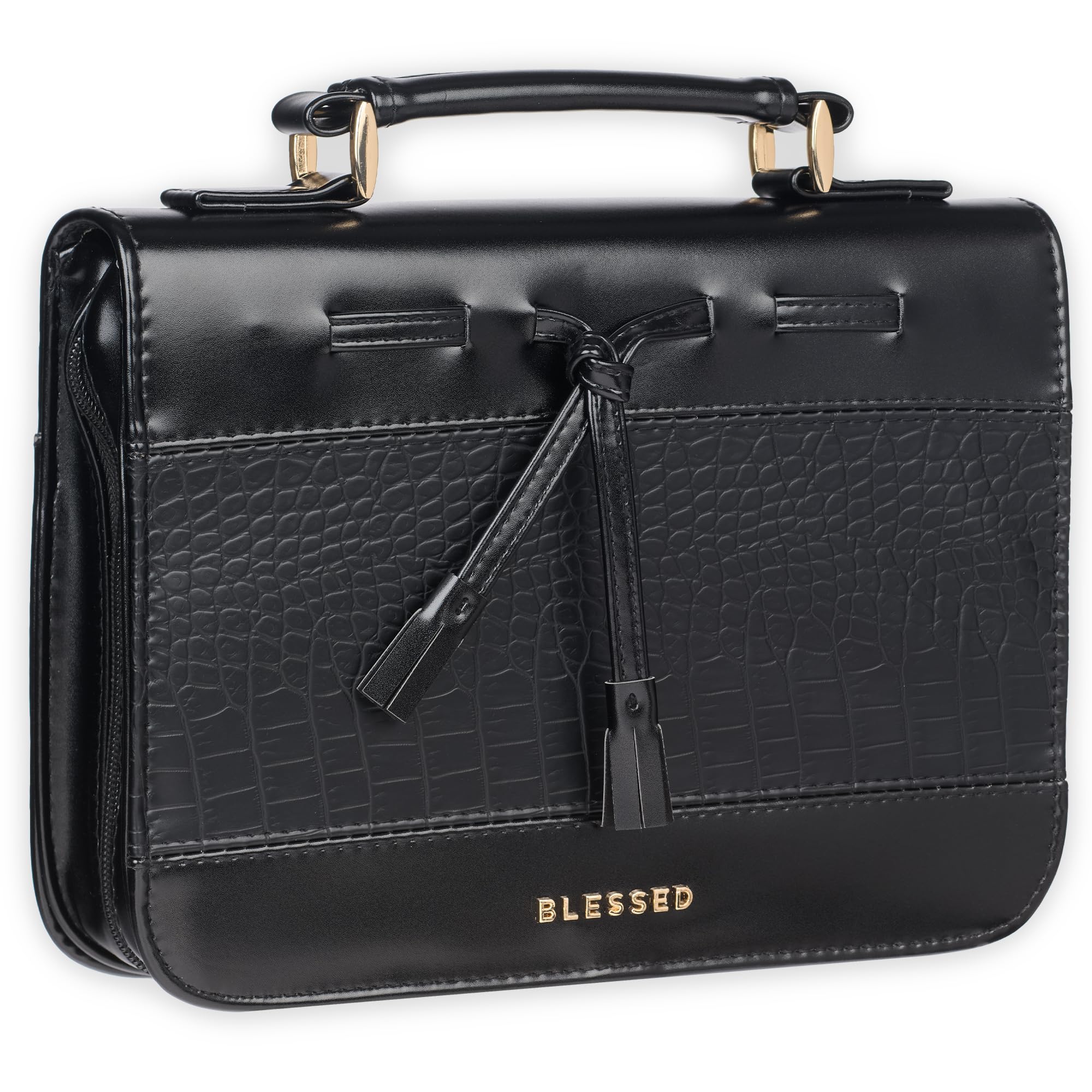 Christian Art GiftsChristian Art Gifts Women's Black Vegan Leather Croc Style Bible Cover with Tassels: Blessed - Inspiring Protective Carry Case Accessory with Gold Accents, Pockets, Pen Loops & Grace Zipper, Large