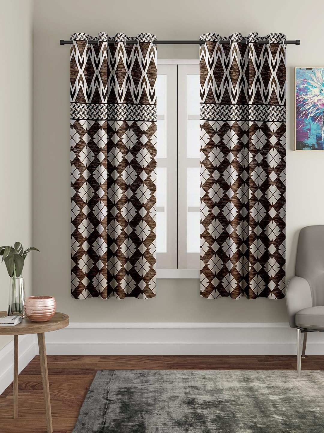 - Amazon Brand - Solimo Simply Entitled Polyester 75% Blackout Grommet Window Curtains|5 Feet |Set of 2|Ikat Print Design |for Living Room Kids Room and Bedroom |Dark Brown |Light-Filtering, Solid