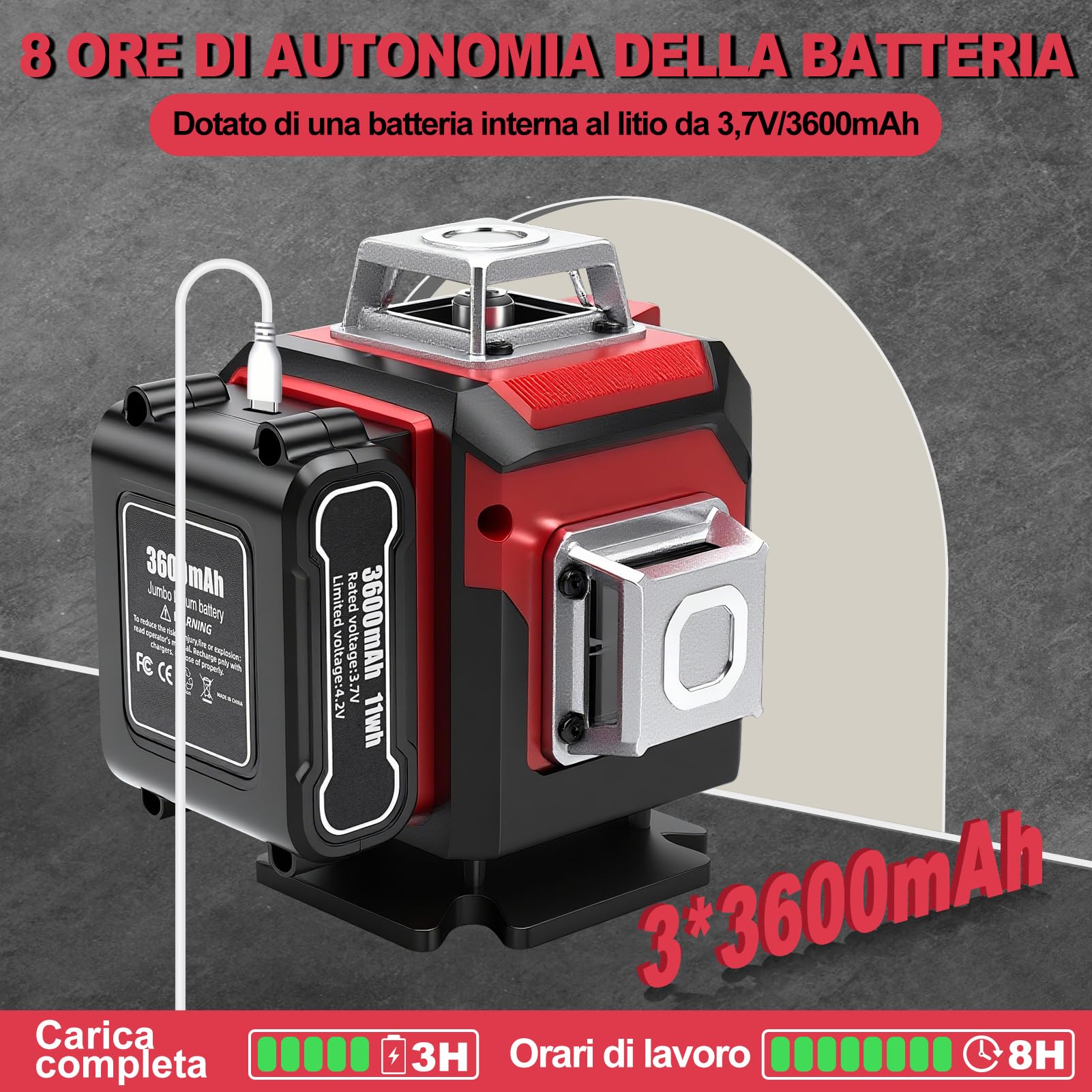 Laser a linee incrociate con treppiede, 4D 16 linee verdi, 4 X 360 °Livello Laser Autolivellante con 3600 mAh x 3 batterie ricaricabili per interni, cantiere