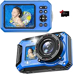 Câmera digital subaquática UHD 4K 56MP 33FT para mergulho com cartão de 32 GB, tela dupla, compacta, à prova d'água, à prova de poeira, flutuante, ponto de foco automático e bateria digital de 1500