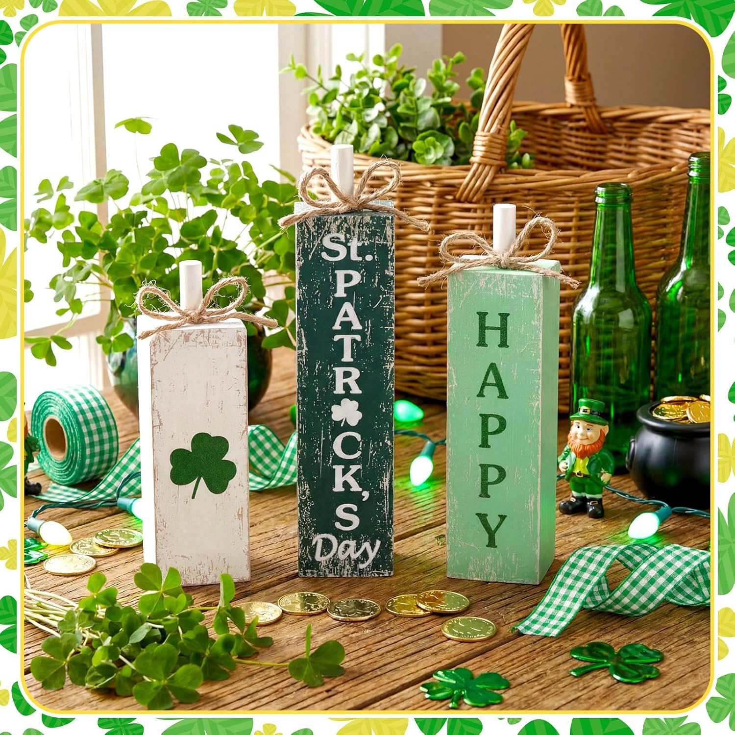 MiniInflat 3 Pcs St. Patrick's Day Table Decor Irish Tiered Tray Decor Green and White Clover Block Sign Rustic Farmhouse Wooden Tabletop Centerpieces for Home Office Kitchen Shelf Decorations