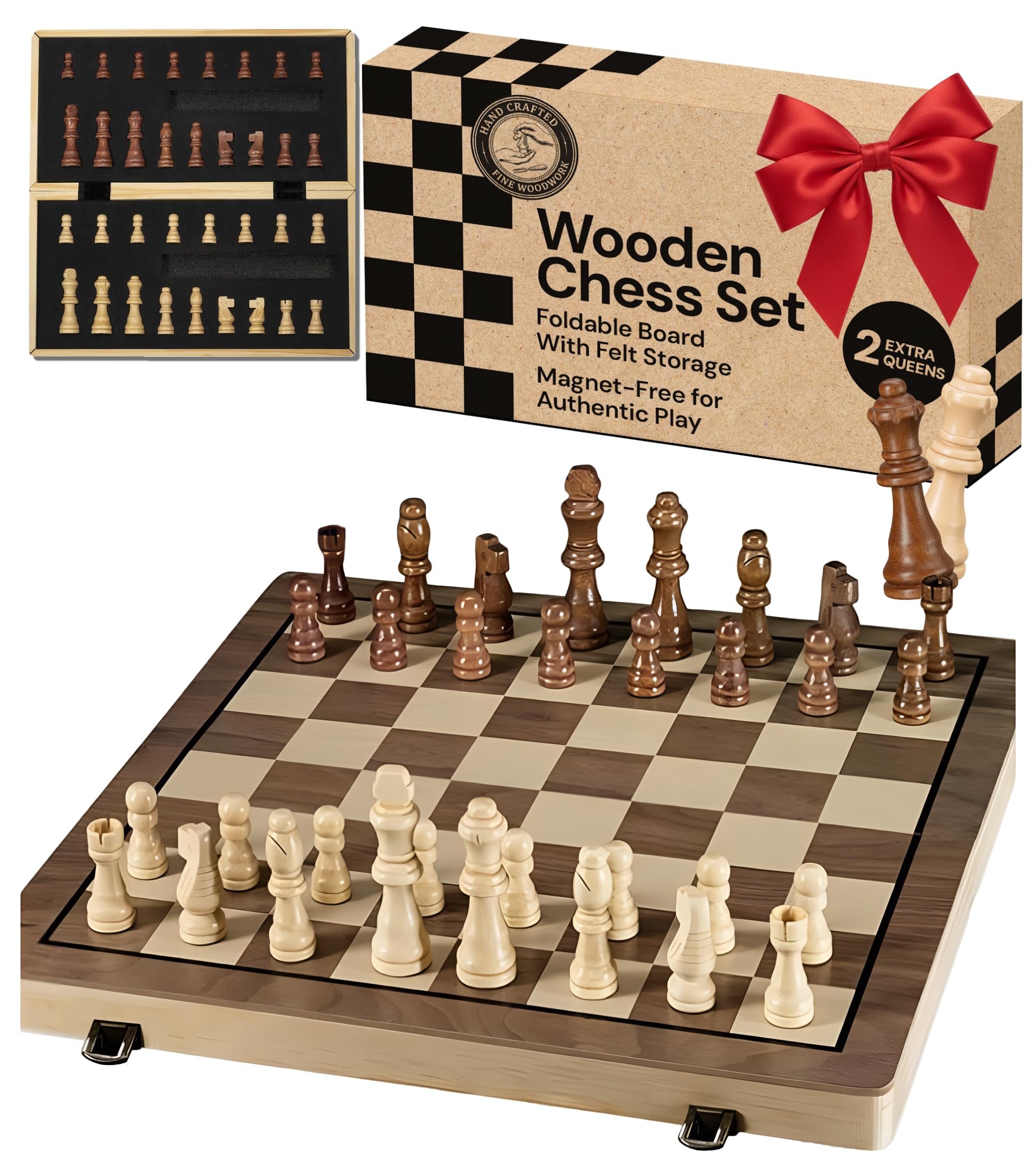 PlayVibe Wooden Chess Set 15'' Board Games for All Players with 2 Extra Queens - Handmade Classic Wooden Chess Board Set, Portable & Folding Playtime Boards, for Adults & Kids