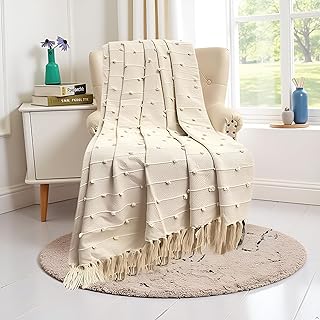 Hand-Knitted Cotton Sofa Throw | All-Season Throw Blanket for Sofa, Bed, Couch, Chair & Travel | 80×52 Inches (204×132 cm) | Beige Multi - Pack of 1 Beige Multi - Pack of 1