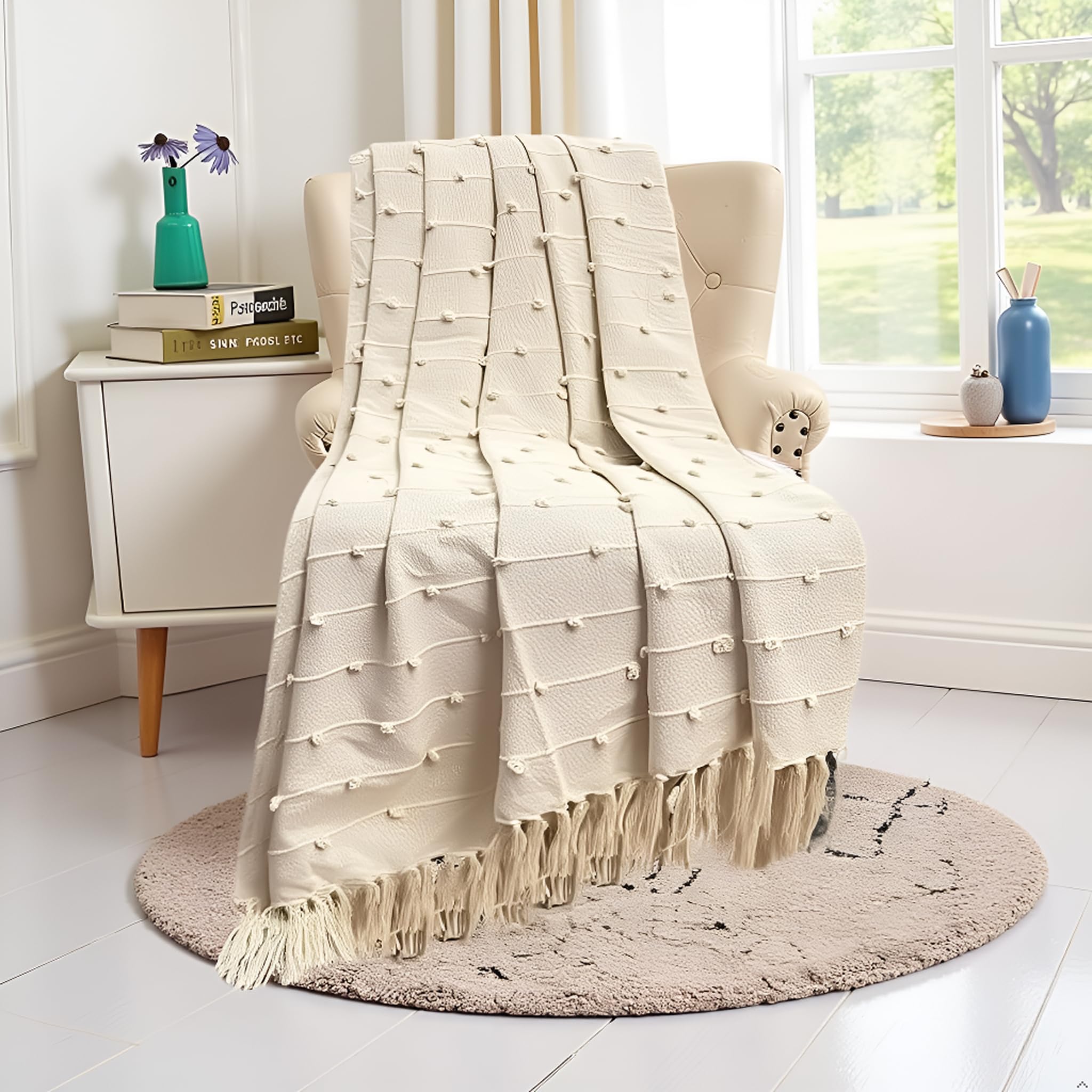 SAJAVAT HOME Hand-Knitted Pure Cotton Throw | 80x52 Inches/204x132 Cm | Decorative Large Throw for Sofa, Bed, Chair & Travel - Ideal for All Season | Beige with Tassels | Pack of 1