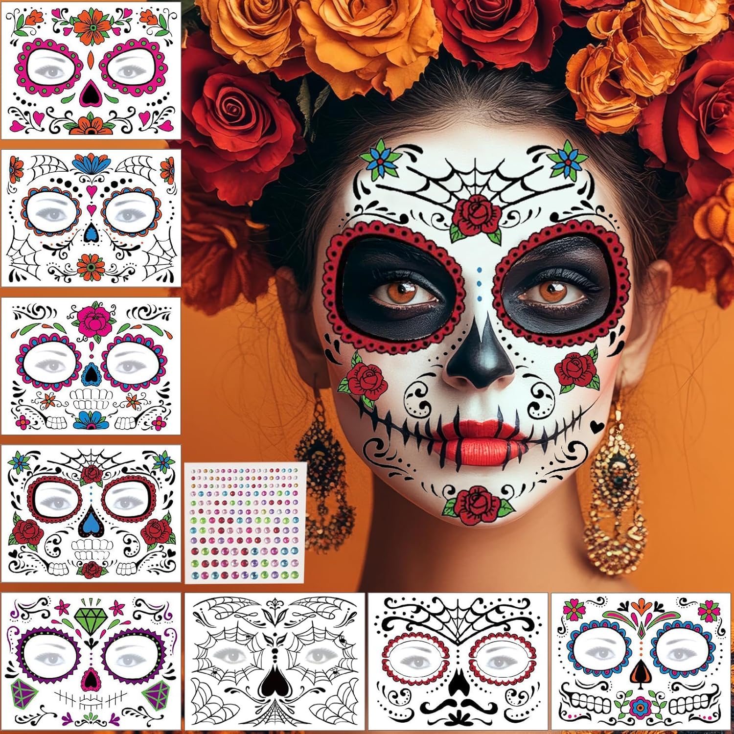 Halloween Tattoo Face 9 Sheets Dia De Los Muertos Makeup Tattoos Skull Skeleton Face Tattoo Halloween Day of the Dead Costume Accessories for Men and Women