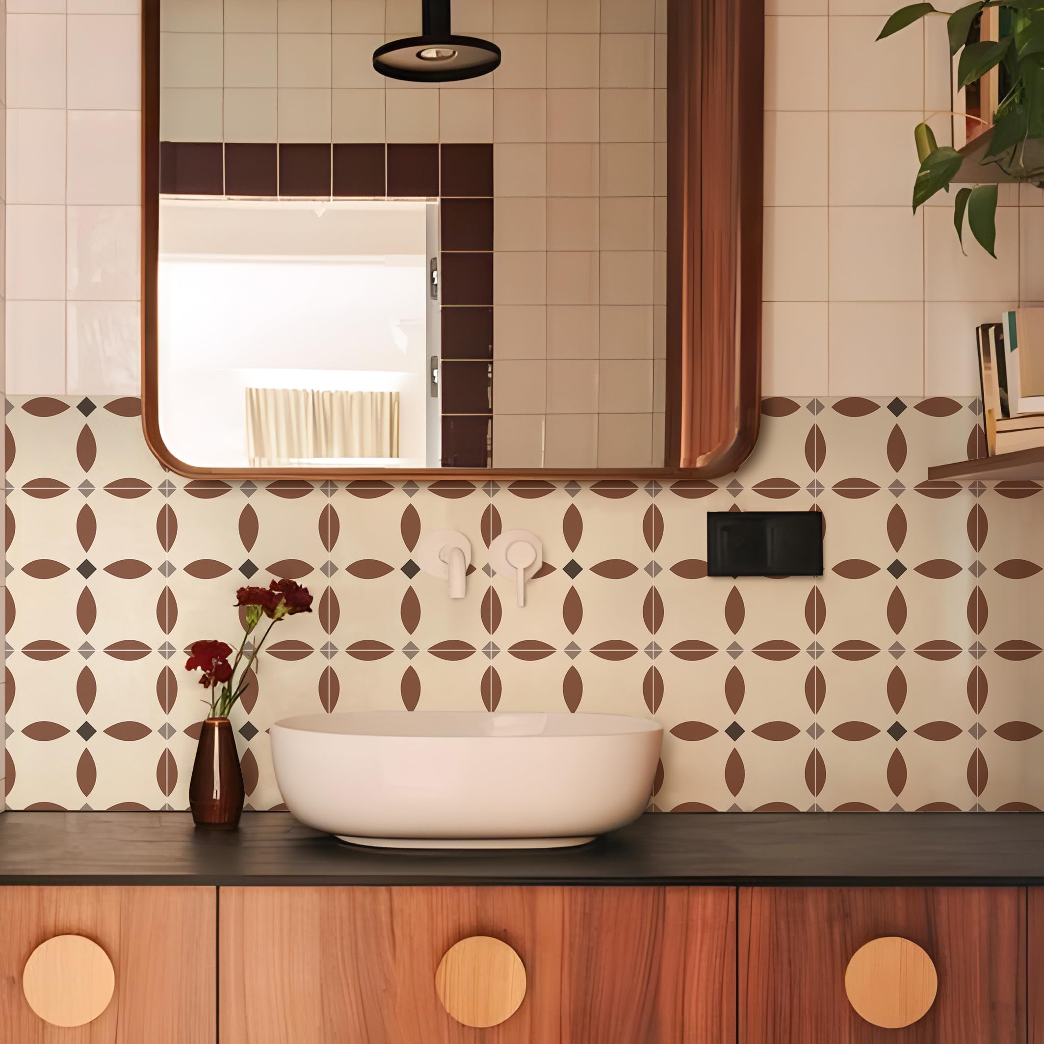 Alwayspon Tile Sticker, 25PcsX20cm/8inch Retro Red Floral Self Adhesive Stick on Tiles Transfer Sticker for Bathroom Kitchen, Splashback, Peel and Stick Vinyl Floor Wall Tiles Sticker — image 1