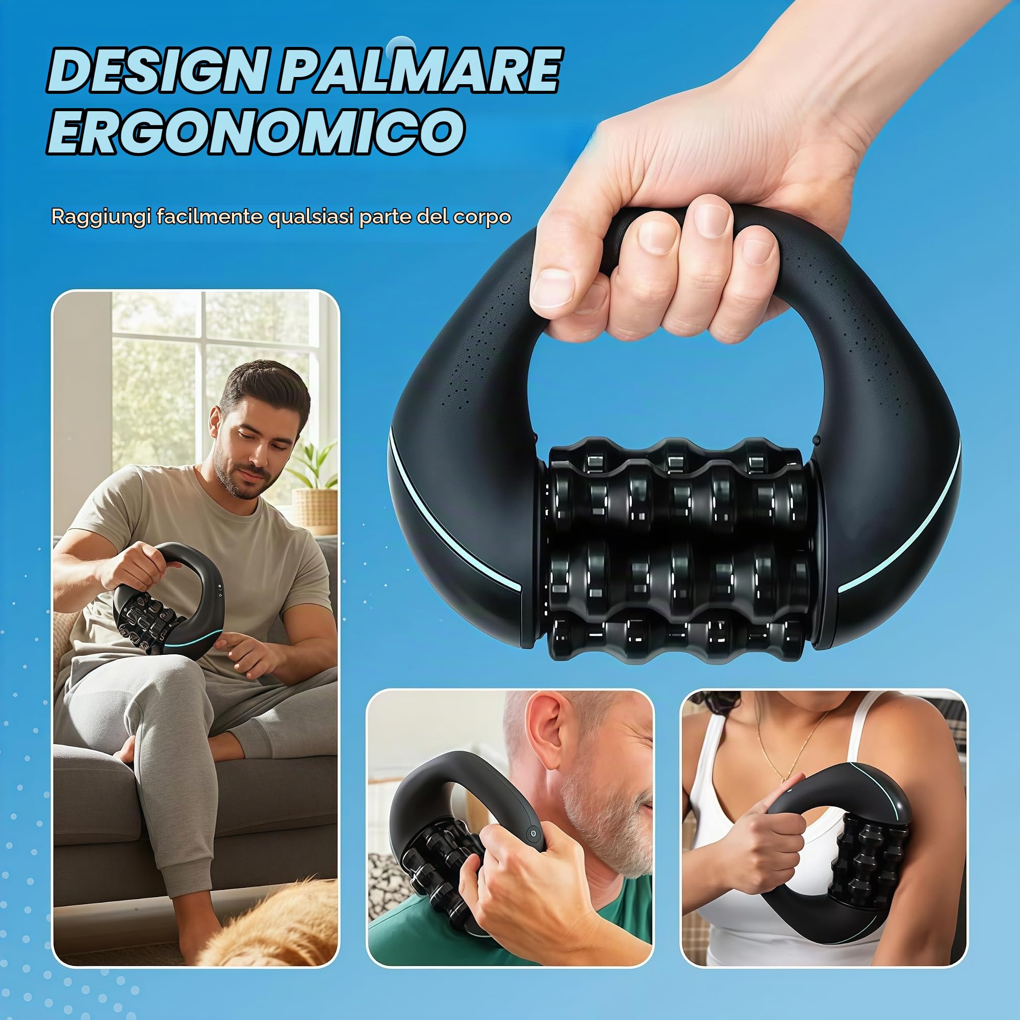 Massaggiatore Elettrico a Rullo Manuale, Massaggiatore Elettrico Anticellulite Percussivo, Riduce Tensione Muscolare, 3 Livelli di Intensità, Ricaricabile, per Schiena, Collo e Gambe