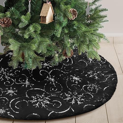 Miniatura 13 de Falda de Árbol de Navidad de Felpa Blanca de 30 pulgadas Falda de Árbol de Navidad de Piel Blanca Nieve con Lentejuelas Plateadas Copo de Nieve