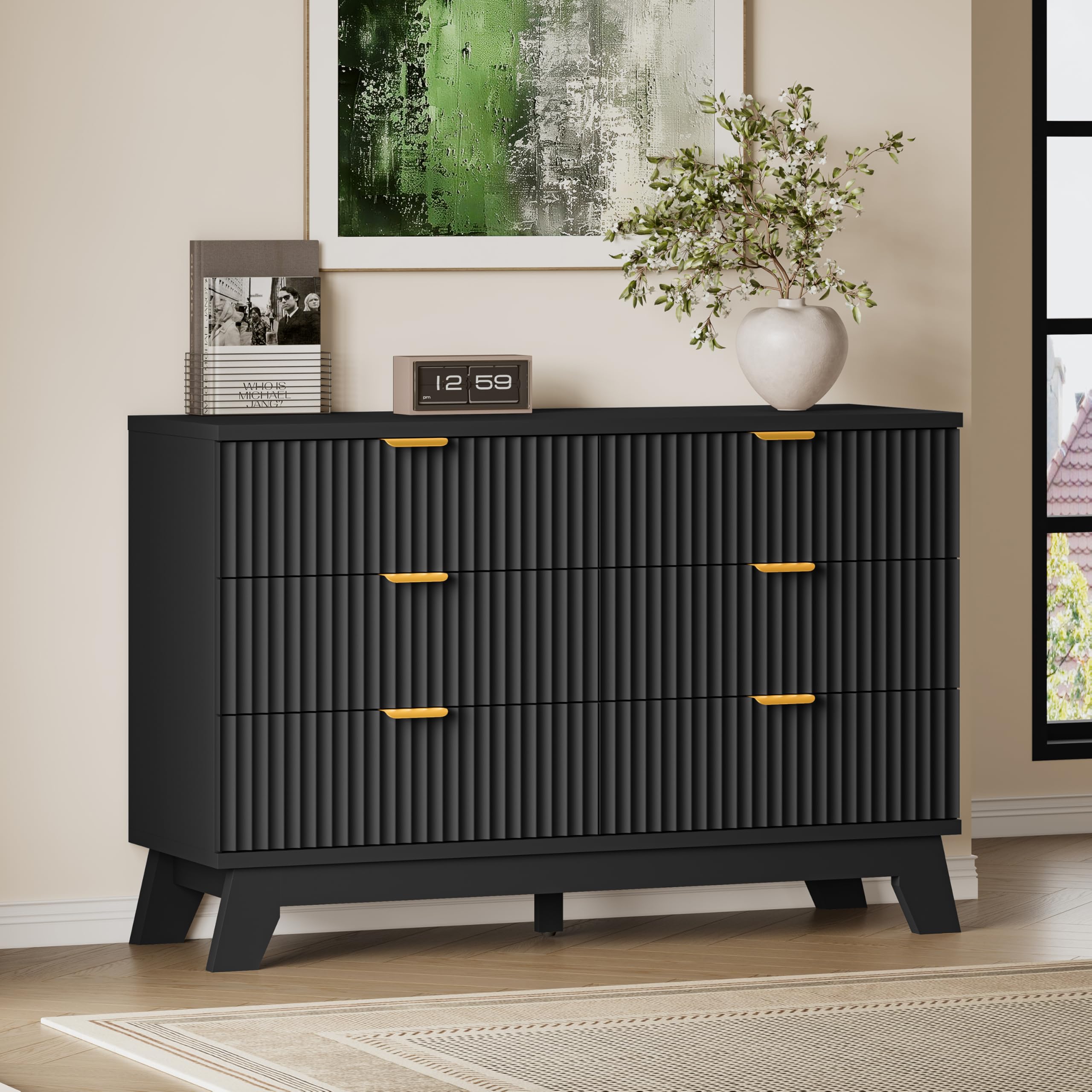 BORNOON Fluted 6 Drawer Dresser, 47.2" Wide Modern Boho Chest of Drawers, Wooden Storage Dresser TV Stand for Bedroom, Living Room, Closet, Hallway, Curved Profile Design
