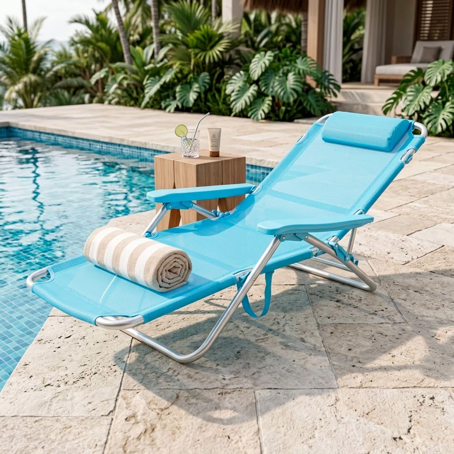 Arreditaly Spiaggina Relax Pieghevole Da Mare Con Telaio In Alluminio Seduta In Textilene Traspirante Poggiatesta Integrato E Braccioli Ergonomici Per Campeggio Outdoor 53 x 62 x 77 Cm Azzurro