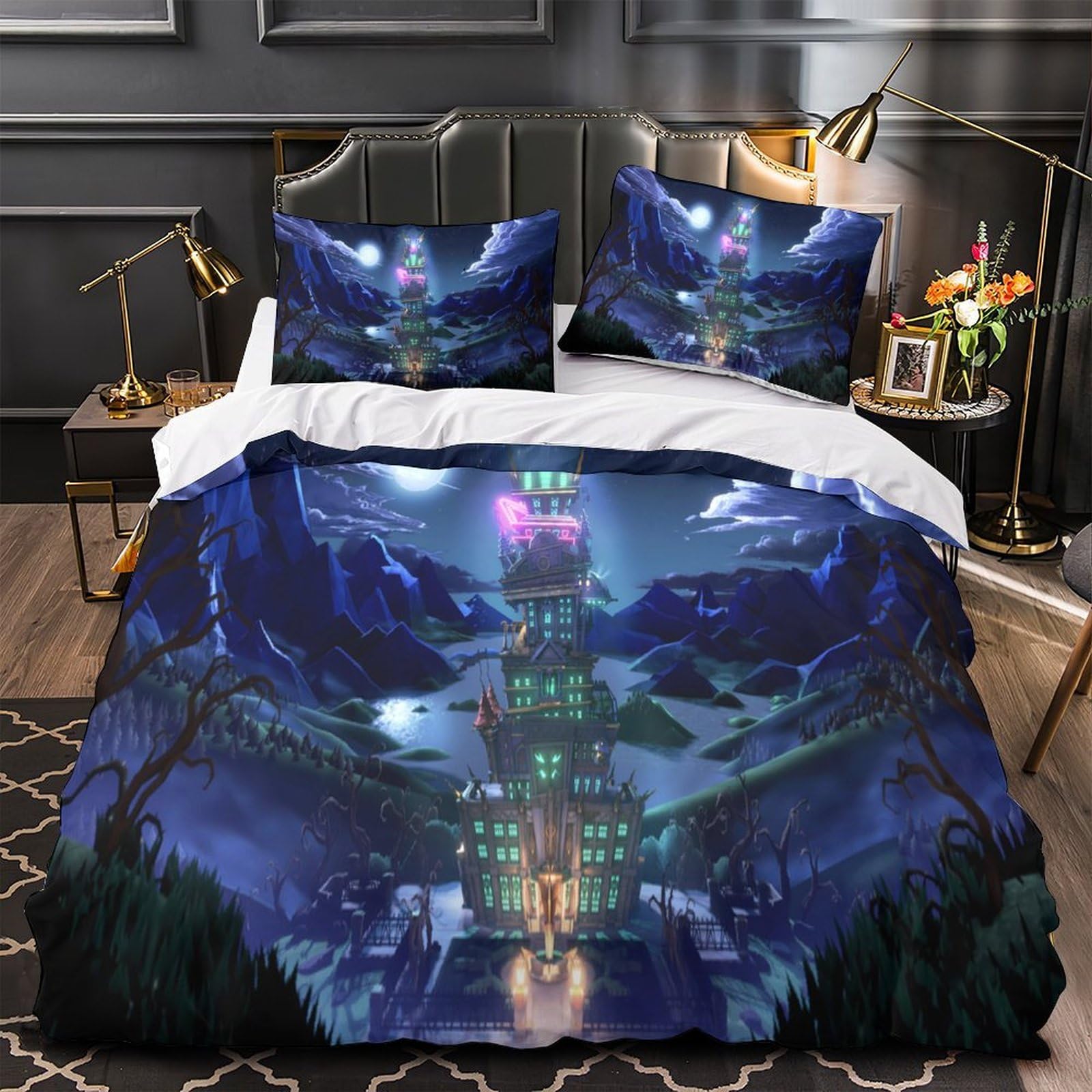 Torre della fantasia Impressione 3D 3 pz coperteletto Arte fantasy notturna fodera per edredone microfibra ipoallergenica antiacari per bambini ragazzi adulti Super king（260x220cm）