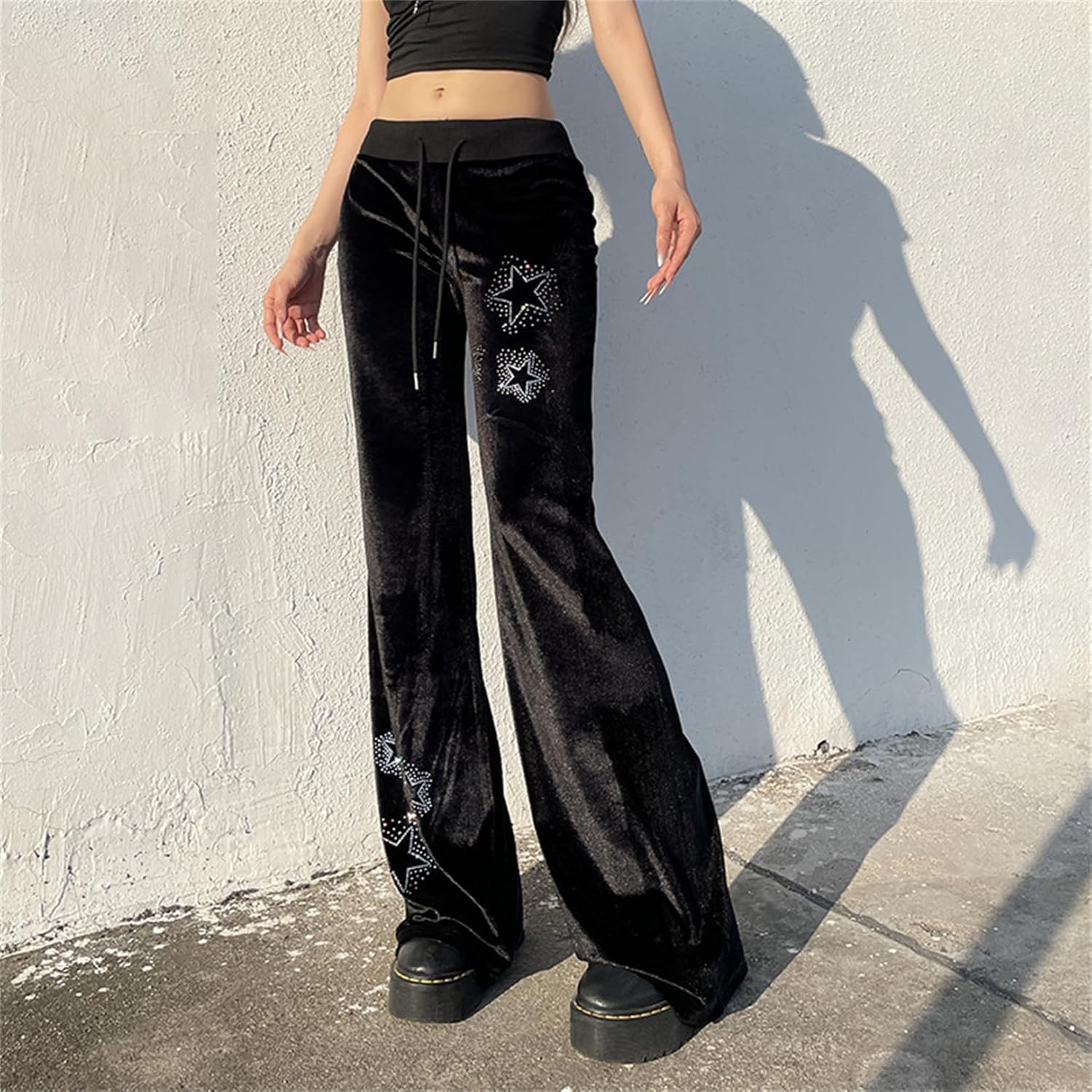 Y2k Goth Velvet Bell Bottom Pants for Woman Drawstring Flared Punk Low Waisted Wide Leg Lounge Comfy Gothic - Image 3