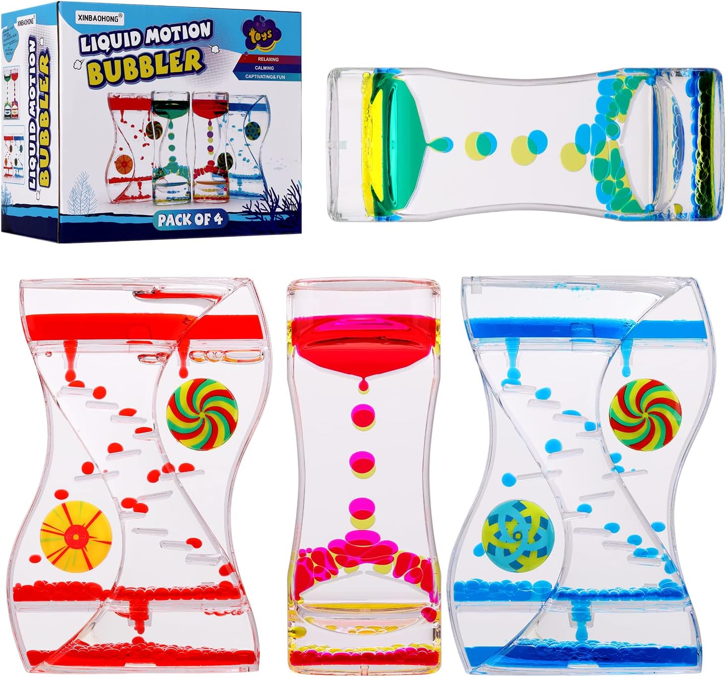 XINBAOHONG Liquid Motion Bubbler Sensory Toy for Kids and Adults 4-Pack๏ผCalming Stress Relief Fidget Toys for ADHD Autism, Office Desk Decor