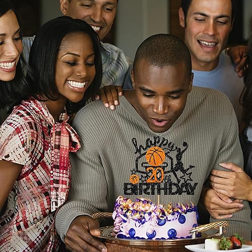 Miniatura 6 de Decoración de baloncesto para pastel de cumpleaños número 20, decoración de pastel de baloncesto con purpurina negra y naranja, decoración de pastel