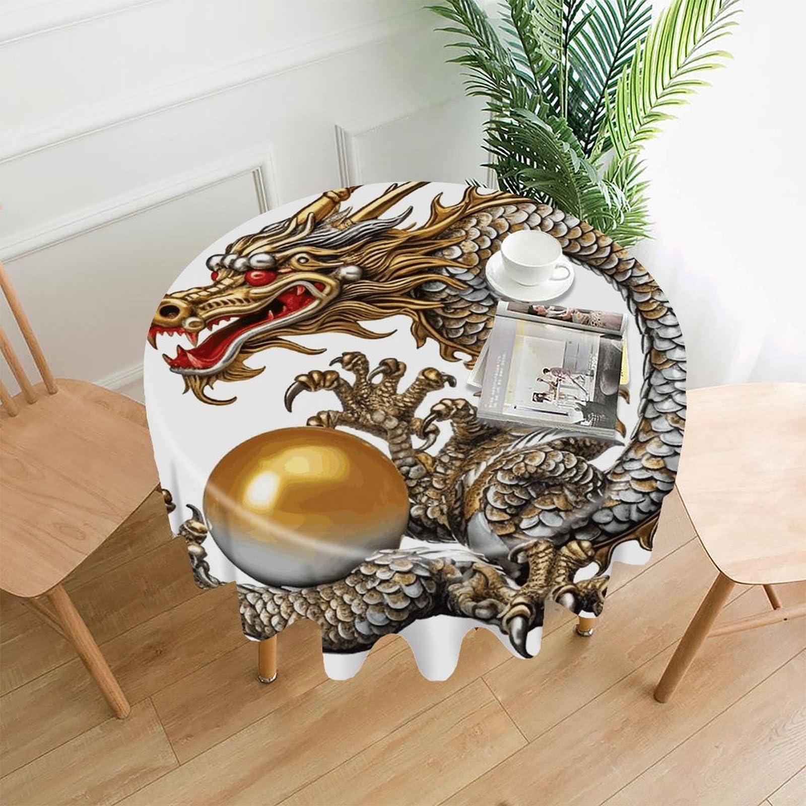 VstaDank Chinese Dragon with Pearl Tablecloth Easy to Clean Polyester Round Table Cover Washable Round Table Cloth Wrinkle-Free Circle Decoration Tablecloth for Kitchen Dining Room 60"
