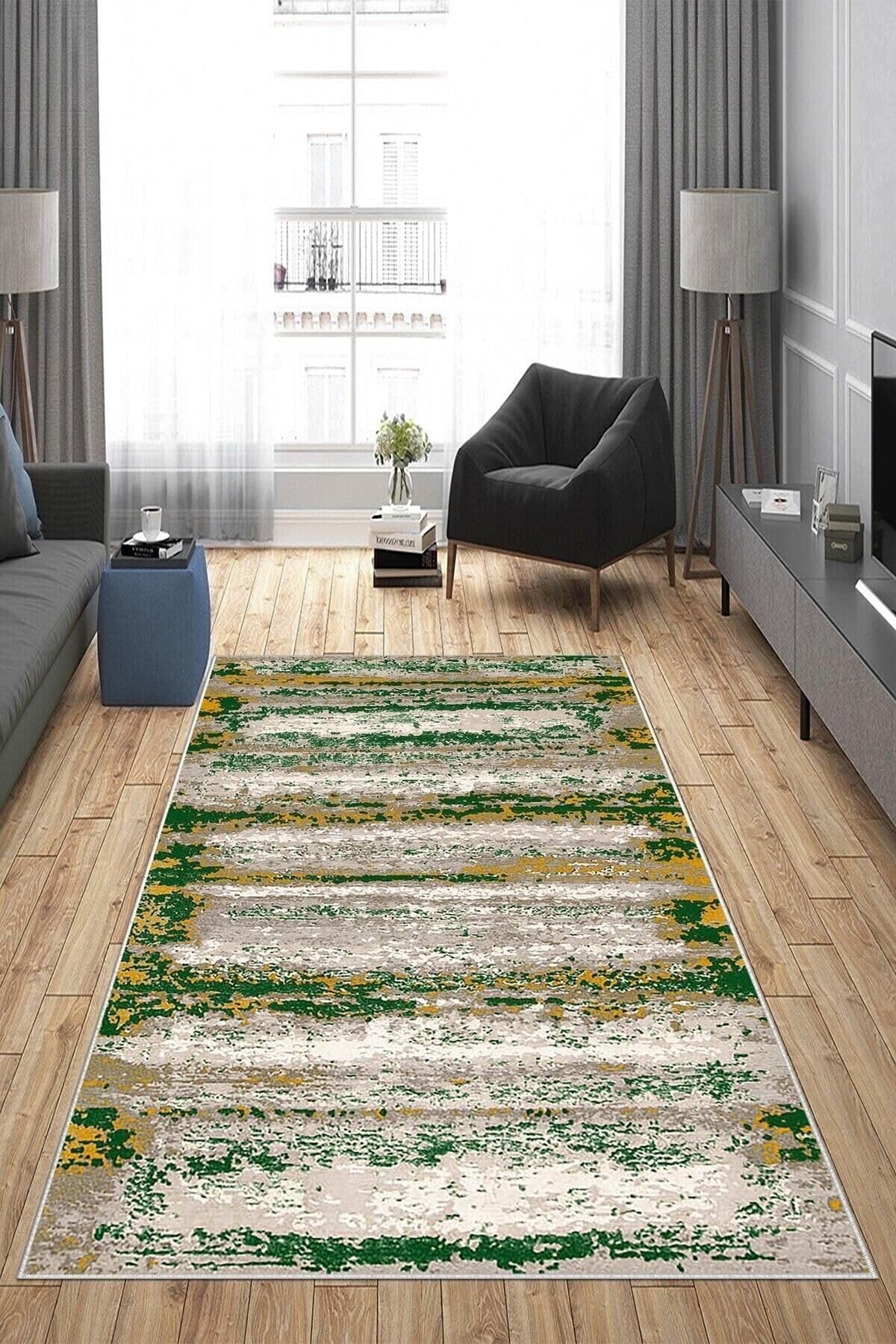 Pelangi Yeşil Batik Desen Renk Geçişli Yıkanabilir Kaymaz Taban Leke Tutmaz Modern Salon Halısı Ve Yolluk, Yeşil 100 x 350, 74571178100350728