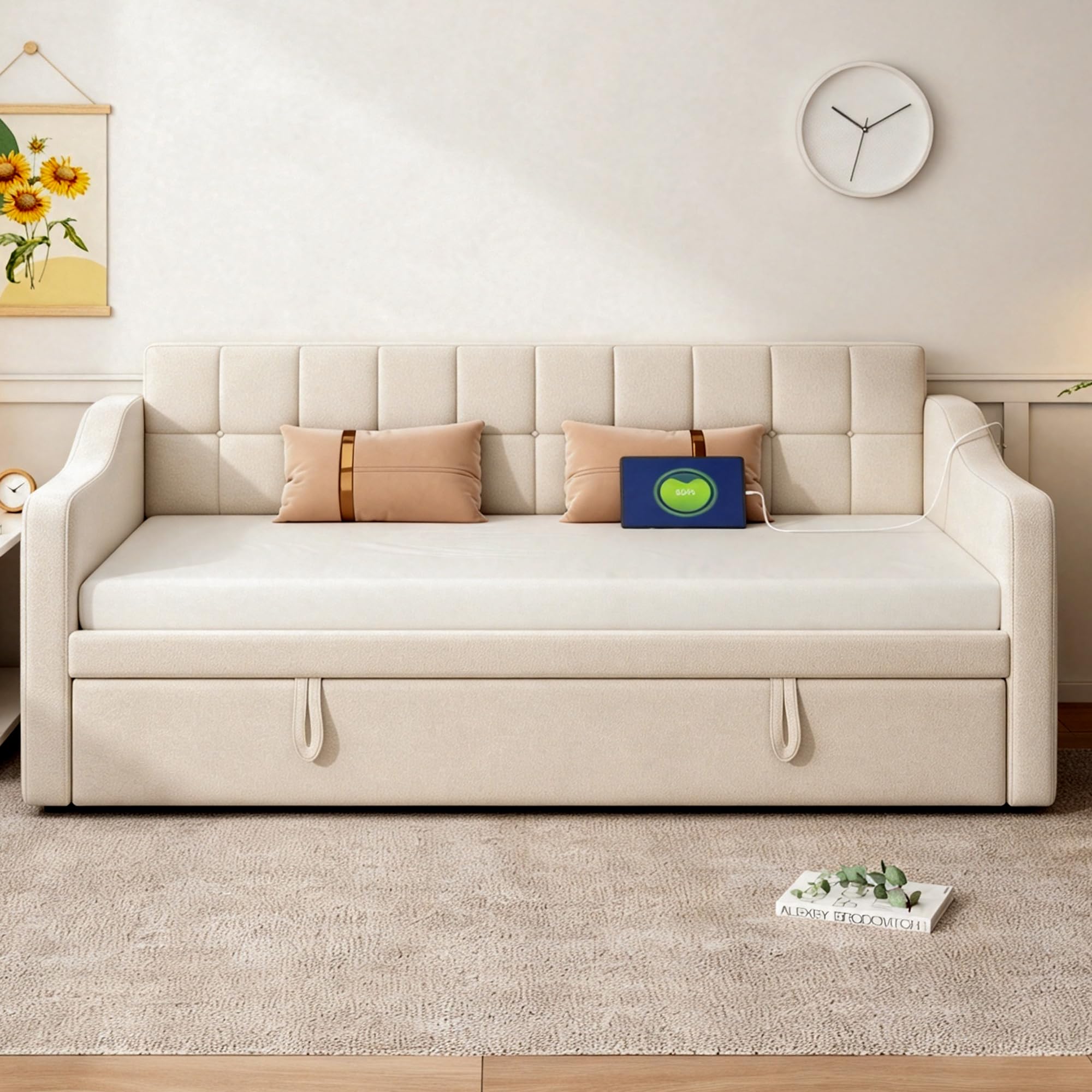Canapé lit 90x190 cm avec lit gigogne, Prise électrique et Poche de Rangement en Bois, lit Banquette, Cadre de lit 1 Personnes 90x190 avec sommier à Lattes,Velours