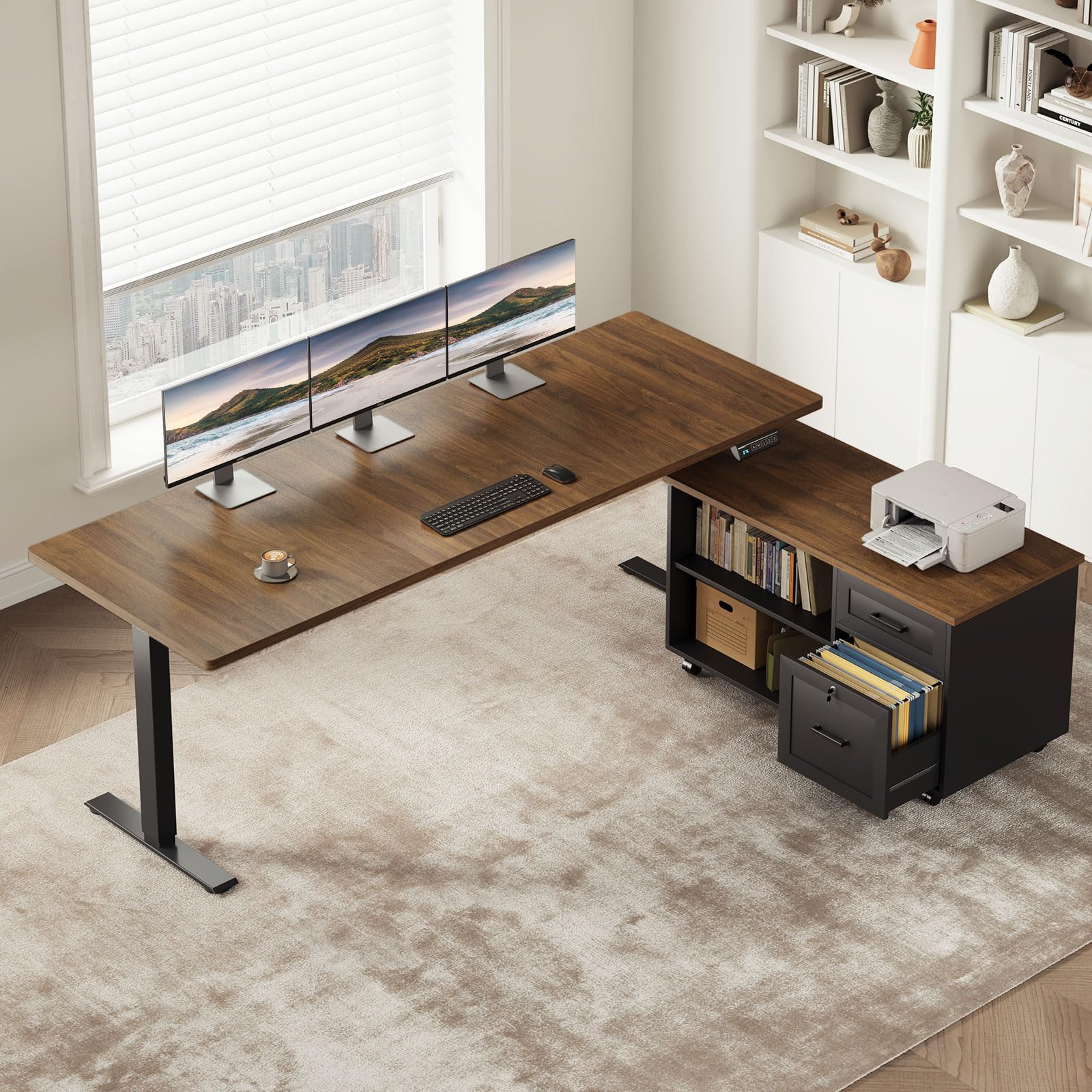 OffiGo 63" L Shaped Electric Standing Desk with Cabinet Sets, Walnut/Black