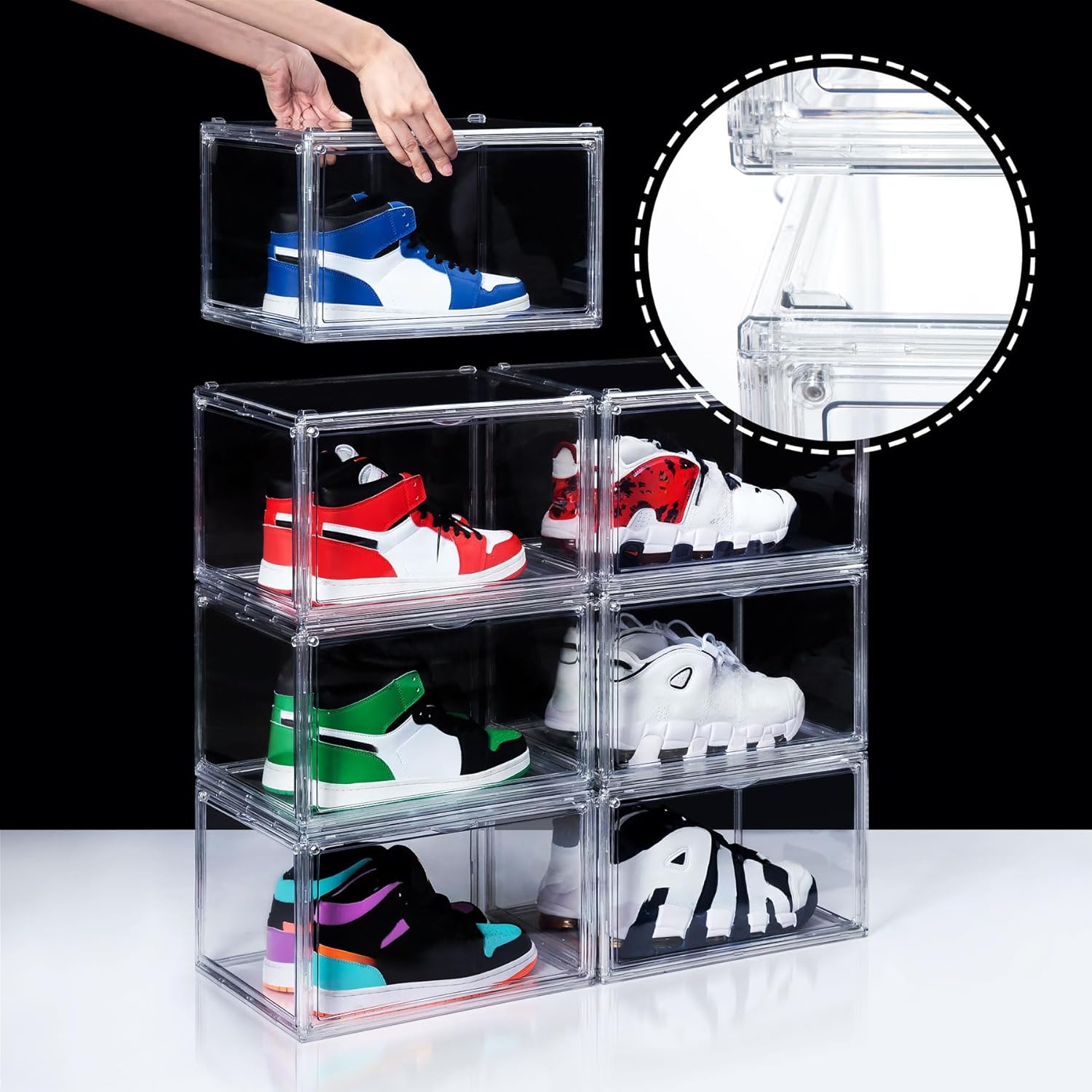 12 Pack Shoe Boxes, Clear Acrylic Stackable Plastic Sneaker Box Container, Magnetic Drop & Side Open Shoe Organizer Case Container With Lids Fits Up to Size 15(Transparency)