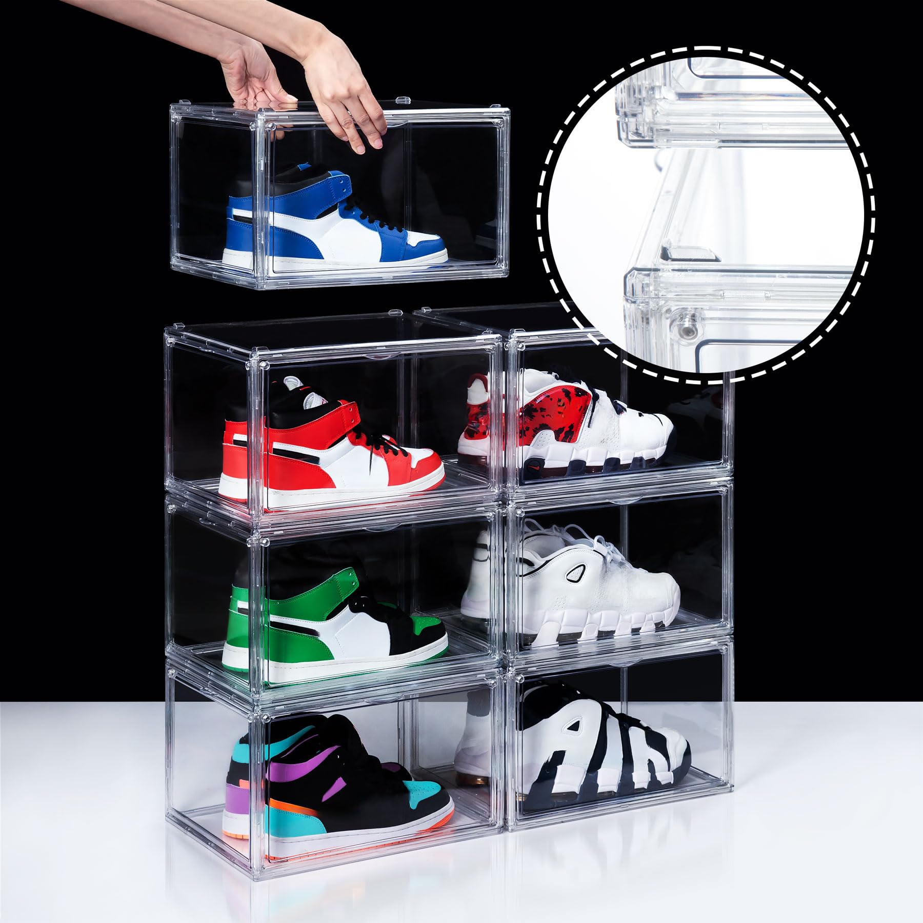 Confezione da 12 scatole per scarpe, in acrilico trasparente, impilabili, in plastica per scarpe da ginnastica, con chiusura magnetica e apertura laterale, con coperchio, adatte fino alla taglia 44