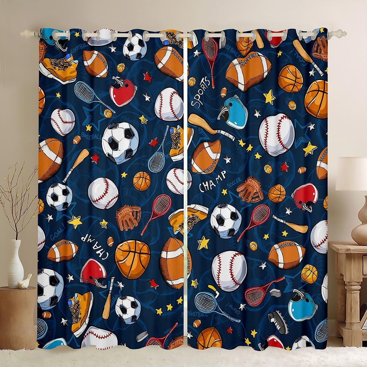 Basketball Curtains Baseball Football Rugby Window Treatments for Kids Boys Girls Teens Ball Sports Themed Window Curtains Soccer Football Game Volleyball Draperies 2 Panels 52"Wx90"L,Bedroom Decor