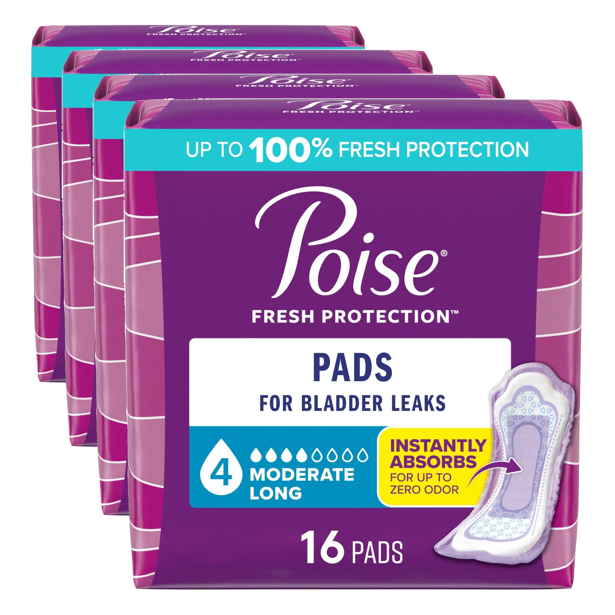 Poise Incontinence Pads &amp; Postpartum Incontinence Pads, 4 Drop Moderate Absorbency, Long Length, 16 Count, Packaging (Pack of 4)