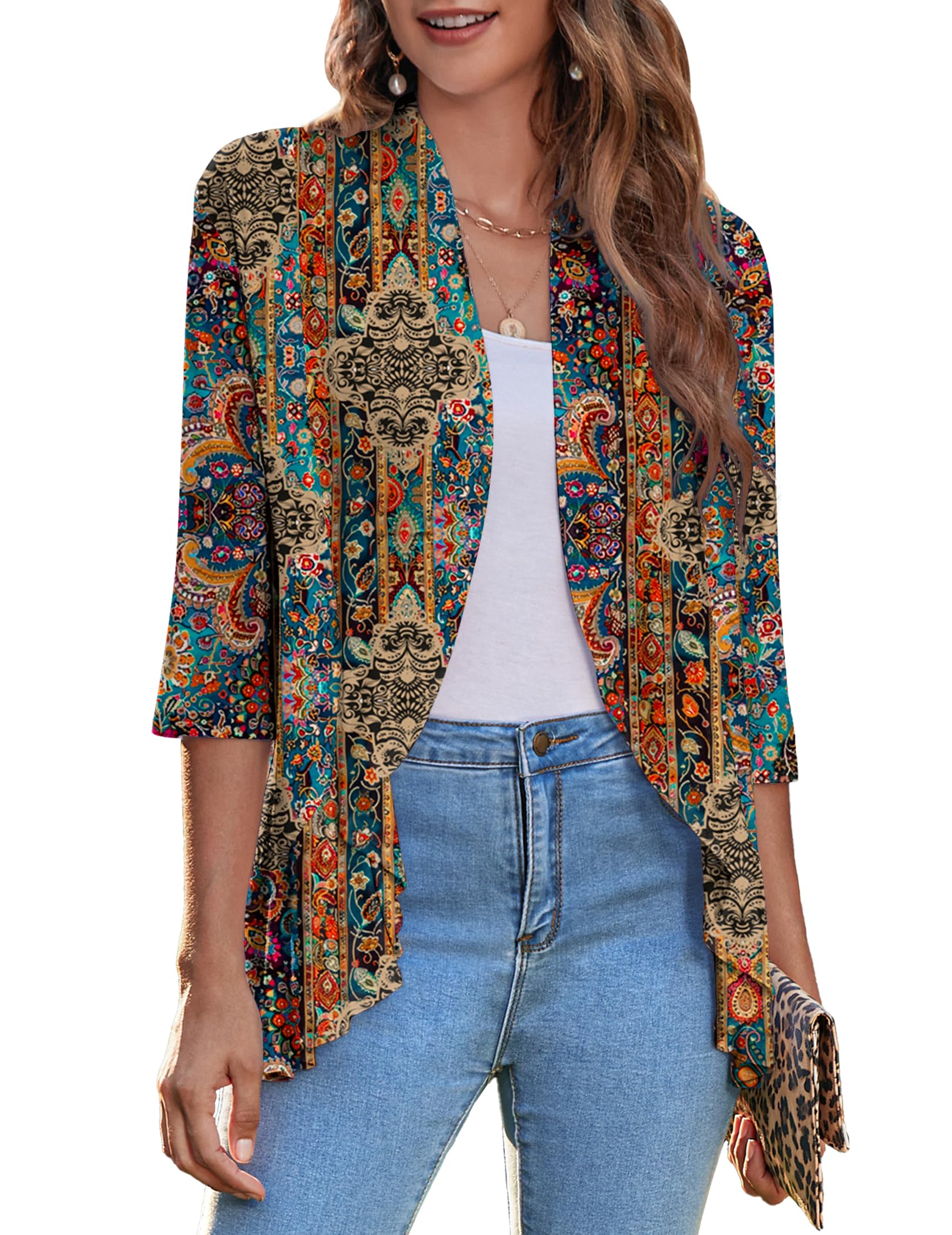 Zeagoo Women's Open Front Cardigan 2026 Spring Summer Lightweight 3/4 Sleeve Draped Ruffles Cardigans S-3XL