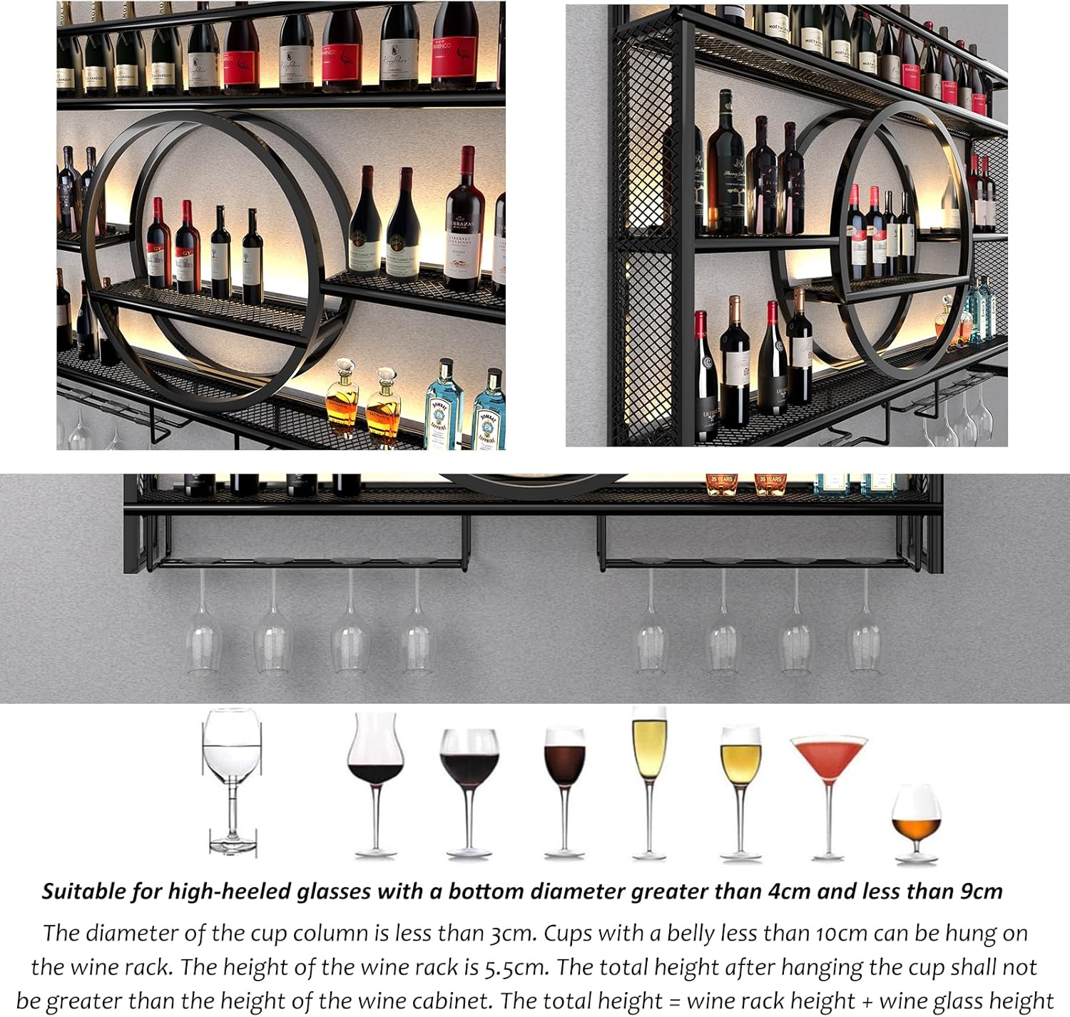 Metal Wine Rack Wall Mounted with LED Light, 3-Tier Bar Liquor Shelf with Wine Glass Holder, Modern Large Capacity Liquor Bottle Display Storage Shelf for Home Bar, Dining Room(Black, 140 * 80 * 15) - Image 5