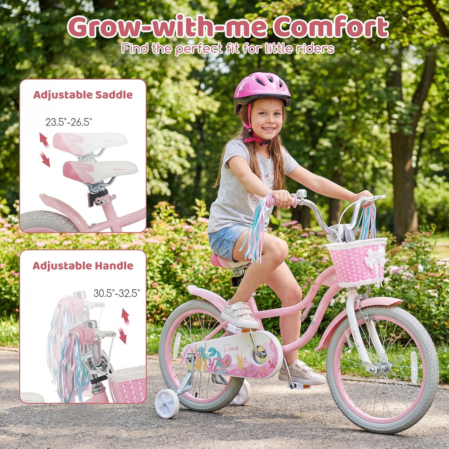 BABY JOY Kids Bike, 12" 14" 16" 18" Mermaid Girls Bike for 3-8 Years Old w/Basket, Training Wheels, Hand & Coaster Brakes, Adjustable Seat & Handlebar, 20" Children Bicycle with Kickstand for 8+