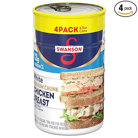 Swanson White Premium Chunk Chicken Breast with Rib Meat in Water, 4.5 oz. (Pack of 4)