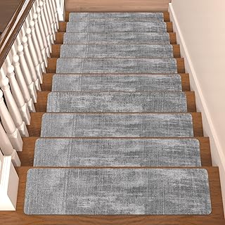 Non-Slip Stair Treads for Wooden Steps Stair Treads Carpet Indoor, 15 pcs 8 * 30 inch, Rubber Backing Repeated Use No Glue Quick-Dry Machine Washable, for Baby Pets, Grey Texture