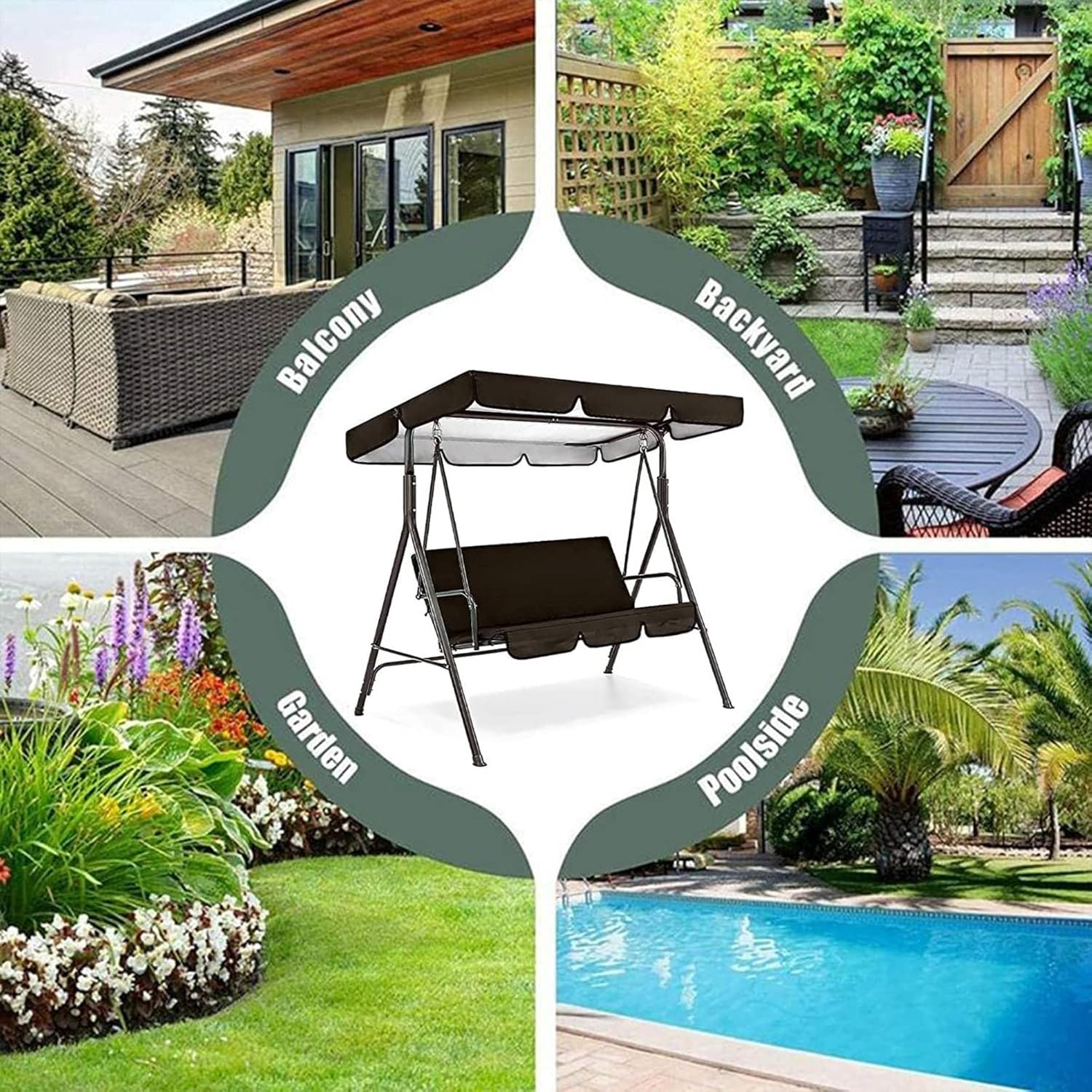 Outdoor Swing Canopy Replacement Cover & Swing Cushion Cover 2/3 Seater, Waterproof Garden Seater Sun Shade Porch Hammock Patio Swing Cover,Black,195x125x15cm