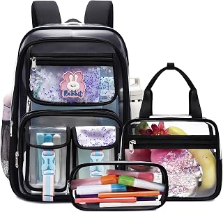 Makukke Clear Backpack for School, Heavy Duty 0.5mm Transparent Bookbag 3-in-1 Set with Lunch Bag, Fits 15.6" Laptop for Teens (Clear Black)