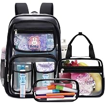 Makukke Clear Backpack for School, Heavy Duty 0.5mm Transparent Bookbag 3-in-1 Set with Lunch Bag, Fits 15.6" Laptop for Teens Clear Black