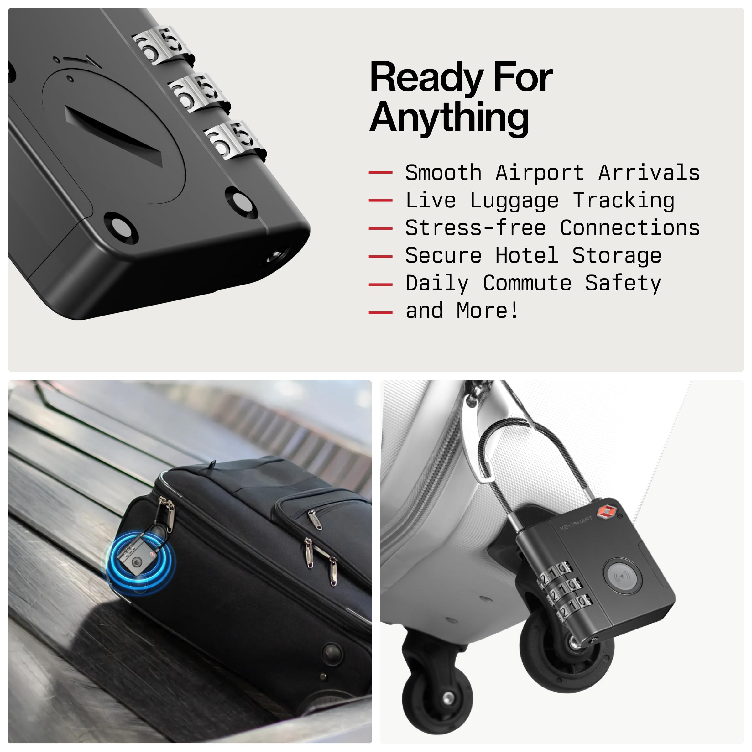 KeySmart SmartLock – Candado inteligente con rastreador, aprobado por la TSA, compatible con Apple Find My, GPS Bluetooth, batería reemplazable no recargable (Pack de 3)