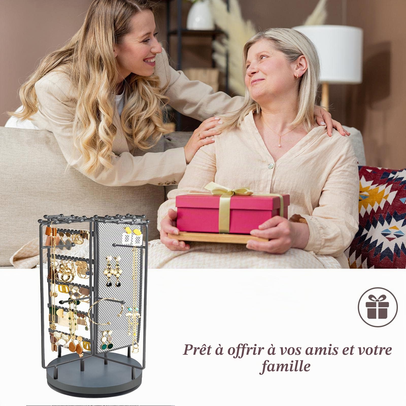 ProCase Porte Bijoux Rotative, Porte Boucle d’Oreille Collier Bracelet, Présentoir Bijoux en Métal avec Base Pivotante -Gris