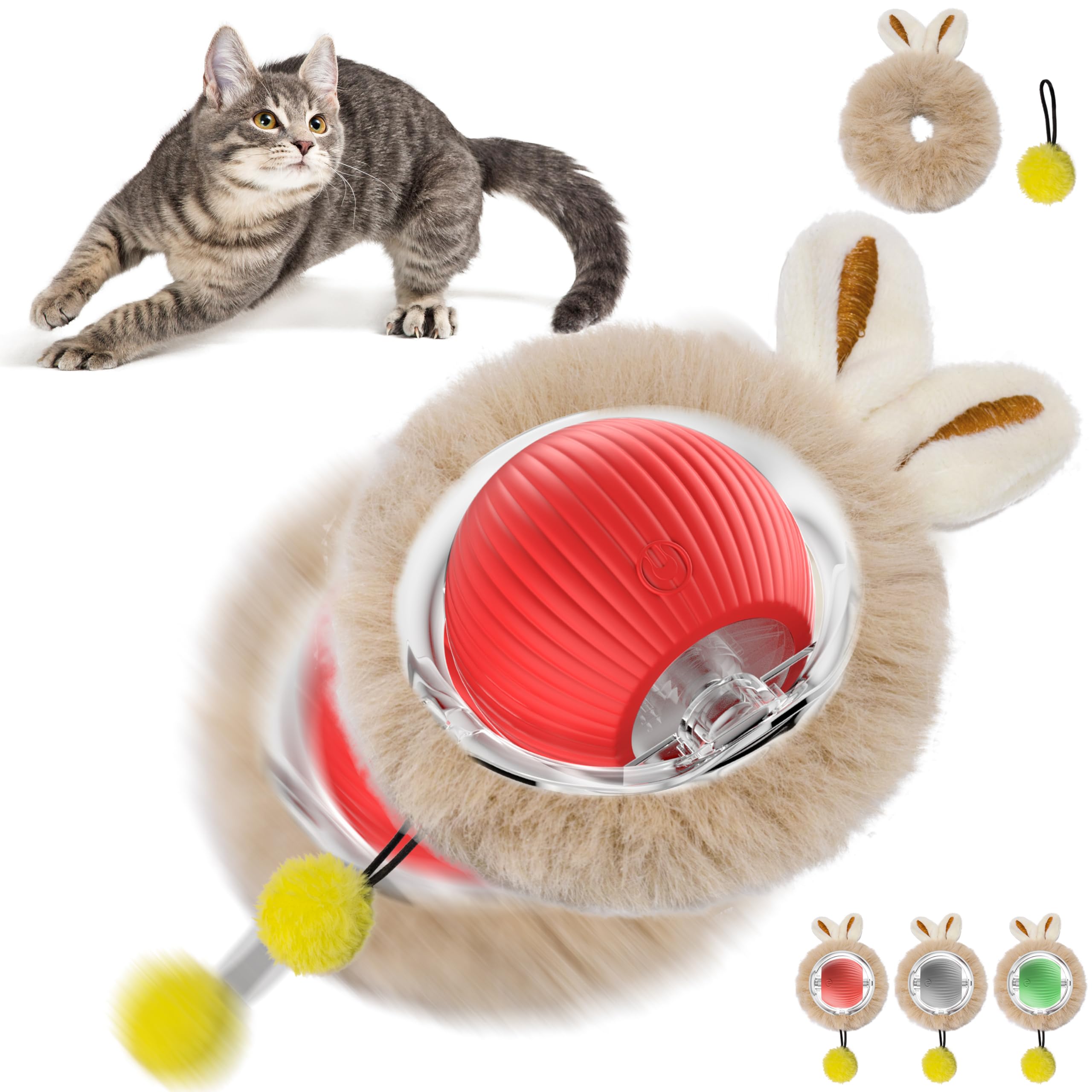 Seyezo Moving Cat Toy Ball, Automatic Moving Toys for Indoor Cats, Smart Rolling Kitten Toys, Cat Self Rotating Balls with Lights, Recharge Interactive Kittens Balls with USB Cable, Red