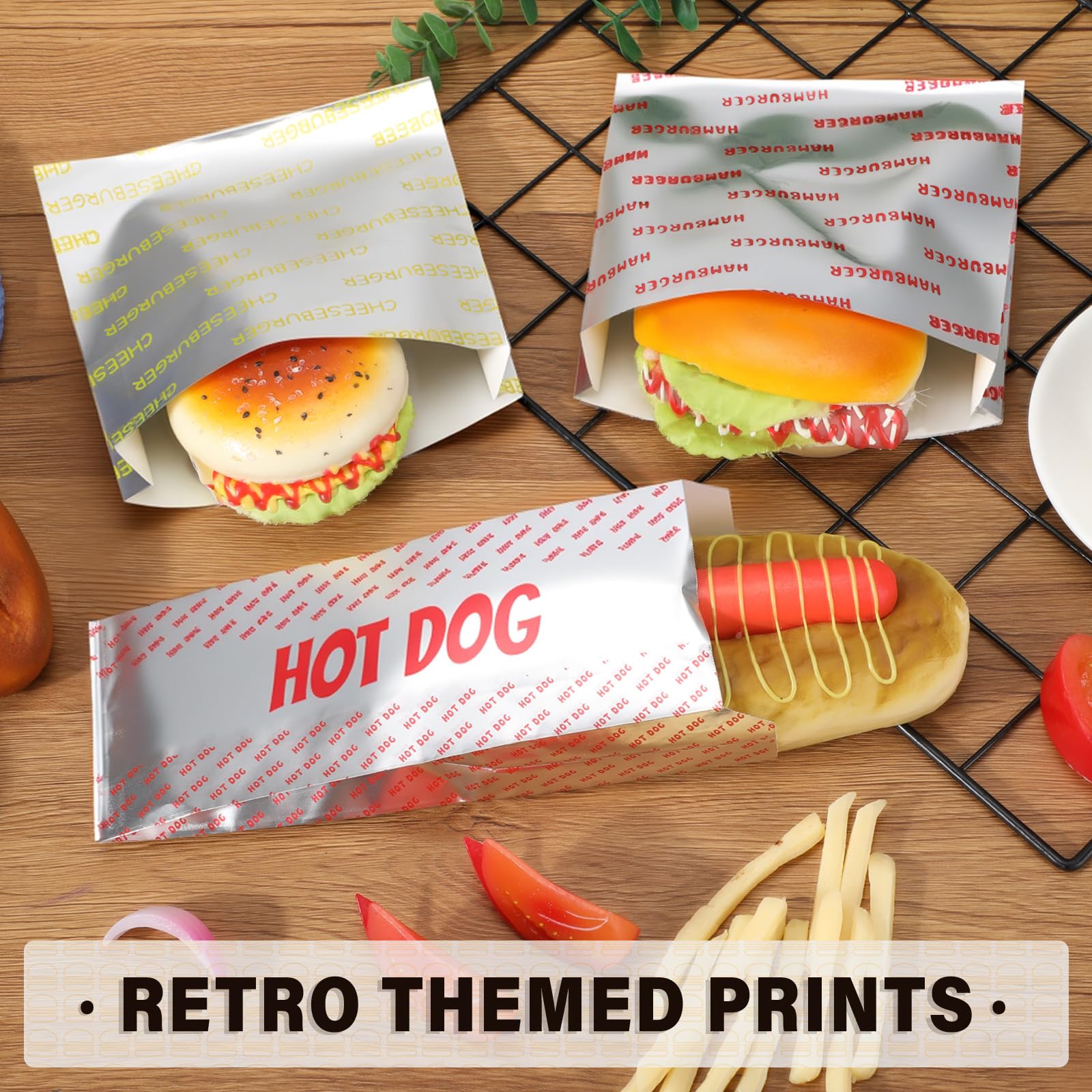 Honoson Lot de 300 emballages alimentaires jetables pour hamburger, cheeseburger et hot-dog en papier d'aluminium pour restauration rapide et camion, barbecue, fête à thème