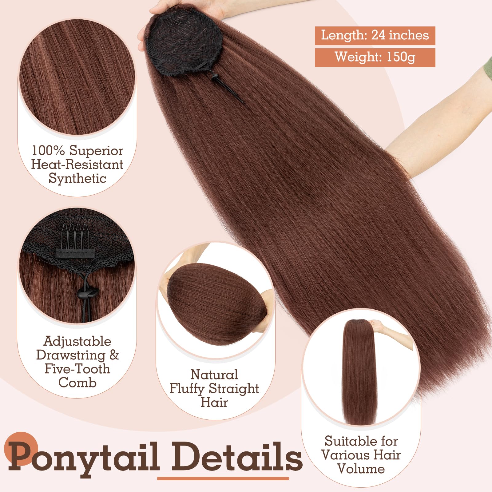 TESS Drawstring Clip in Ponytail Hair Extensions for Women UK Straight 24 Inches 140g #33, U Auburn, 24 Inch (straight) - Image 2