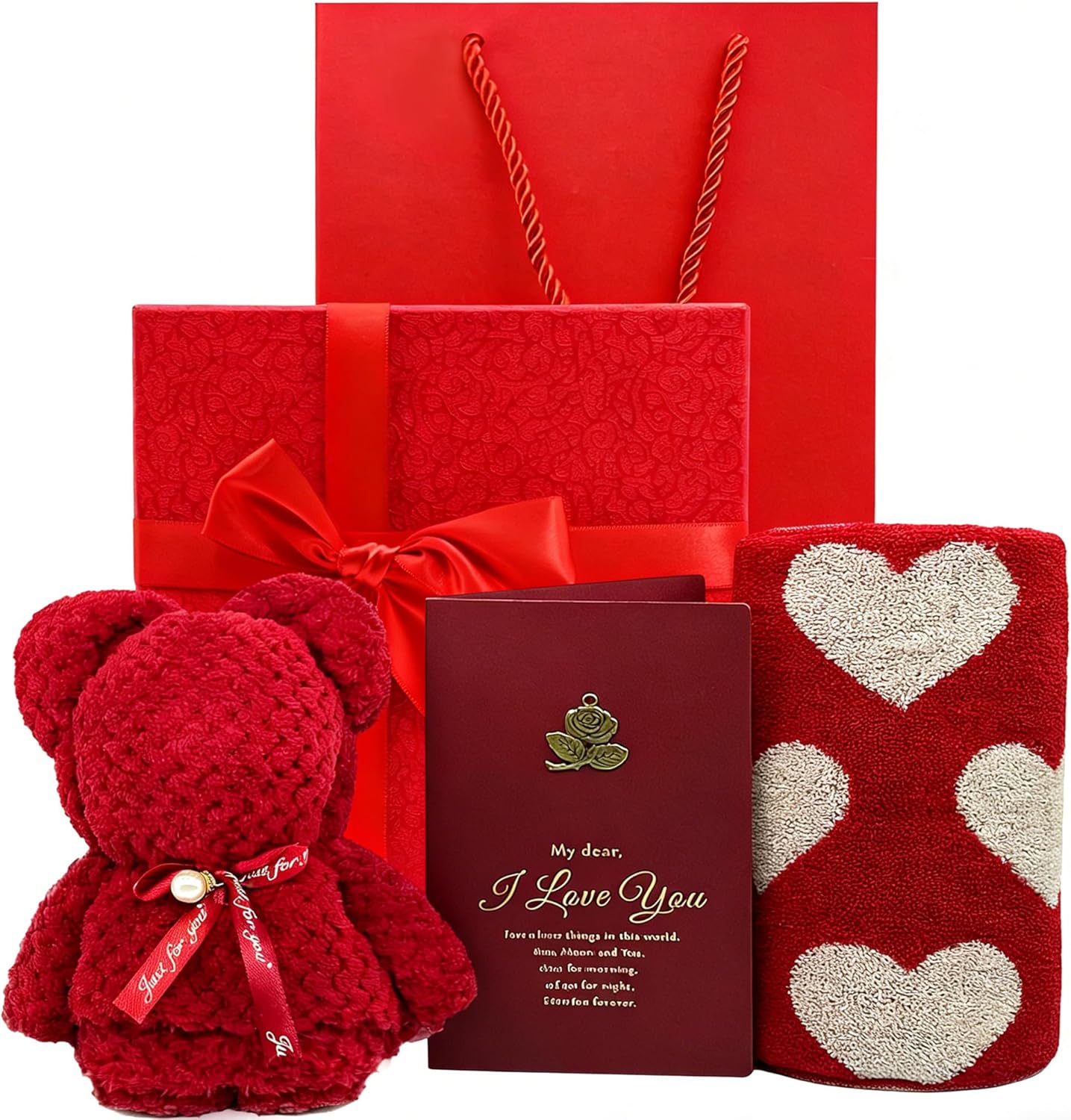 Birthday Red Heart Hand Towels, Gift Card and Box Included, Heart Love Hand Towels for Bath Bathroom Kitchen Dish, for Wife Mother Grandmother Girlfriend(1 Towel+1 Bear)