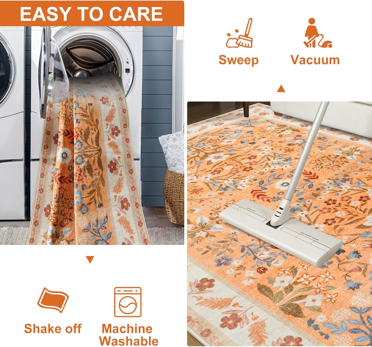 LEEVAN Floral 5x7 Area Rugs for Bedroom, Washable Boho Living Room Rug, Fall Decor Vintage Dining Room Mat, Non Slip Nursery Bedside Rug, Thin Low Pile Carpet for Office(Orange)