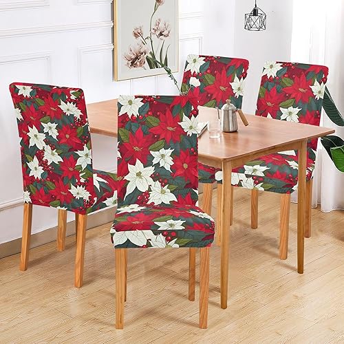 Miniatura 6 de S Husky Juego de 2 fundas para silla de comedor con flores de Pascua de Navidad, extraíbles y lavables, para hotel, ceremonia, banquete, boda,